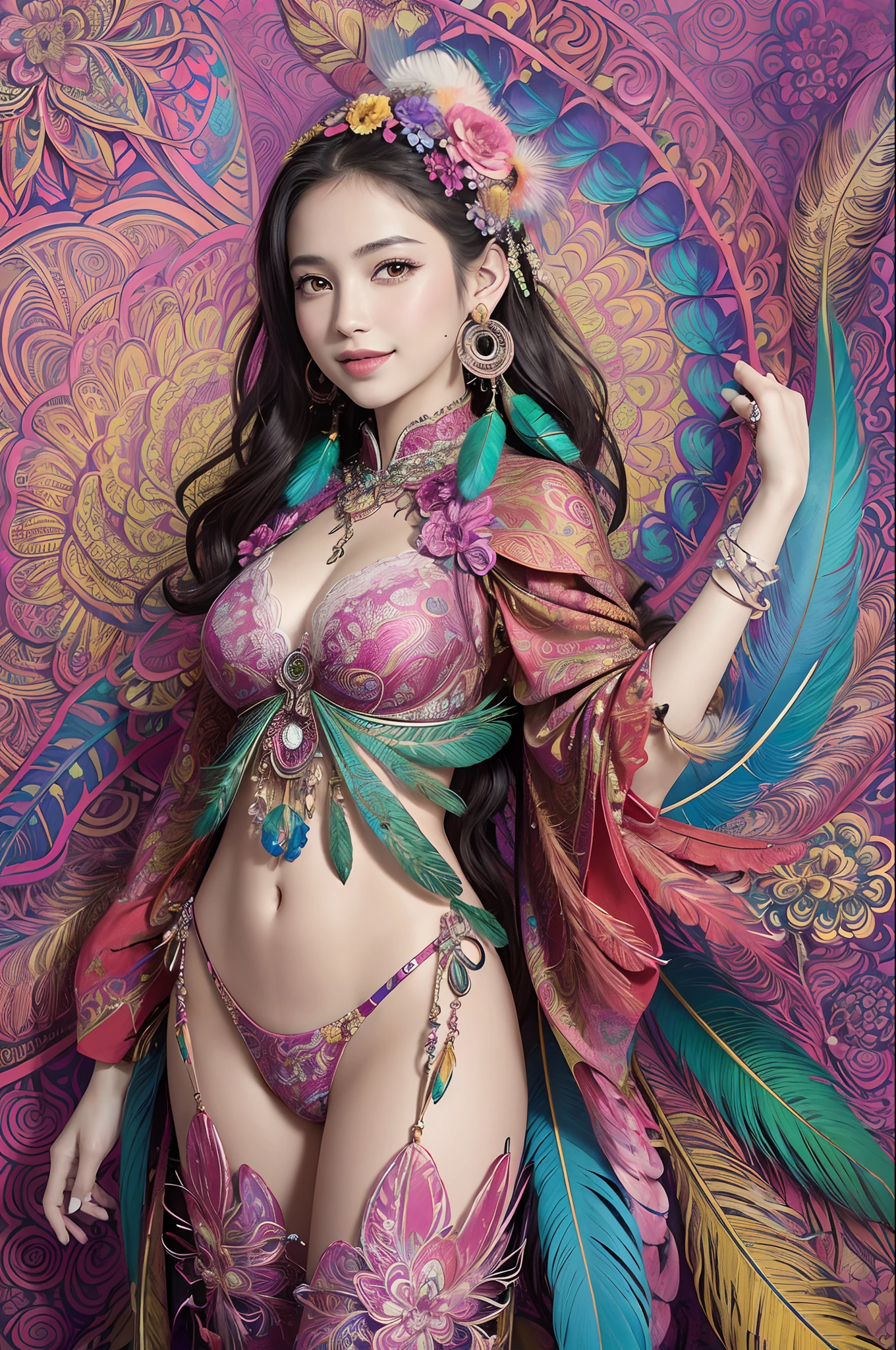 (masutepiece, of the highest quality, Best Quality, Official art, Beautiful and aesthetic:1.2), (1girl in:1.3), Smiling, Extremely detailed,(Fractal Art:1.1),(Colorful:1.1)(Flowers:1.3),highest details,(Zentangle:1.2), Full body, (Abstract background:1.3), (Shiny skin), (Many colors:1.4), ,(earrings), (Feathers:1.5),