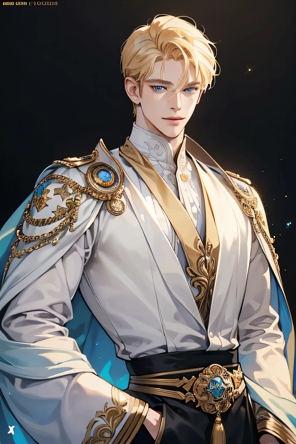 {(best quality, 8k, masterpiece, HDR, soft lighting, perfect image, digital illustration, manhwa art, hyper detailed image, perfect lines, realistic)} 1 very handsome man, short blonde hair, ocean blue eyes, luxurious clothes (imposing posture, smiling), {(black background with golden sparkles)}
