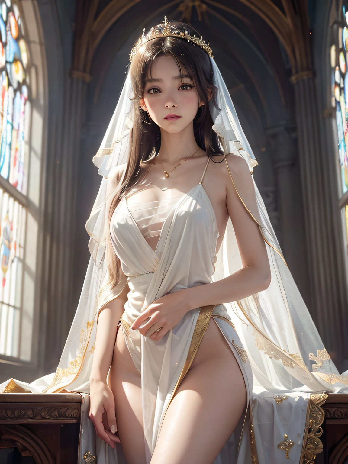 (((nffsw))), (((masutepiece))), (((8K))), (((hight resolution))), (((surrealism))), (((Cinematic lighting))), god rays, Zoom Layer, 1girl in, F/4.0, canon, (FULL BODYSHOT:1.4),mary,Beautiful face, Detailed skin,Detailed face,Detailed eyes,Simple yet sacred atmosphere, Beautiful hair from pale gold to white, nakeness, Bare chest, No top, White panties reflecting gentle light, Panties with delicate decoration at the cuffs and hem, Church interior, Being barefoot, A light, transparent veil was lightly draped over her head, And a simple gold pendant around her neck, Large stained glass windows lining the walls, Sunlight spreads beautiful colors throughout the room, Altar decorated with delicate carvings, Enriching sacred spaces, Pale gold and white shine, Enveloping her presence with delicate particles. Soft blue-white rays can be seen through, Let their shine