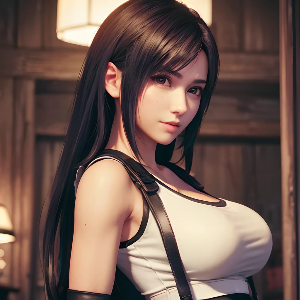 8k,masterpiece, bset quality,big, (1 girl), tifa lockhart, red_eyes, black hair, long hair, shiny skin, shiny big, ((best quality)), crisp focus: 1.2, highly detailed face and skin texture, detailed eyes, perfect face, perfect body, art, cg, blur background, big with presence, (20yo, Mature cool and beautiful face), wearing ((suspender black skirt)),(( black elbow gloves, white taut shirt, thigh, white tank top, navel, blush)), jukebox, old bar, upper body, smile, professional light source, fluttering hair, from behind, random angle,