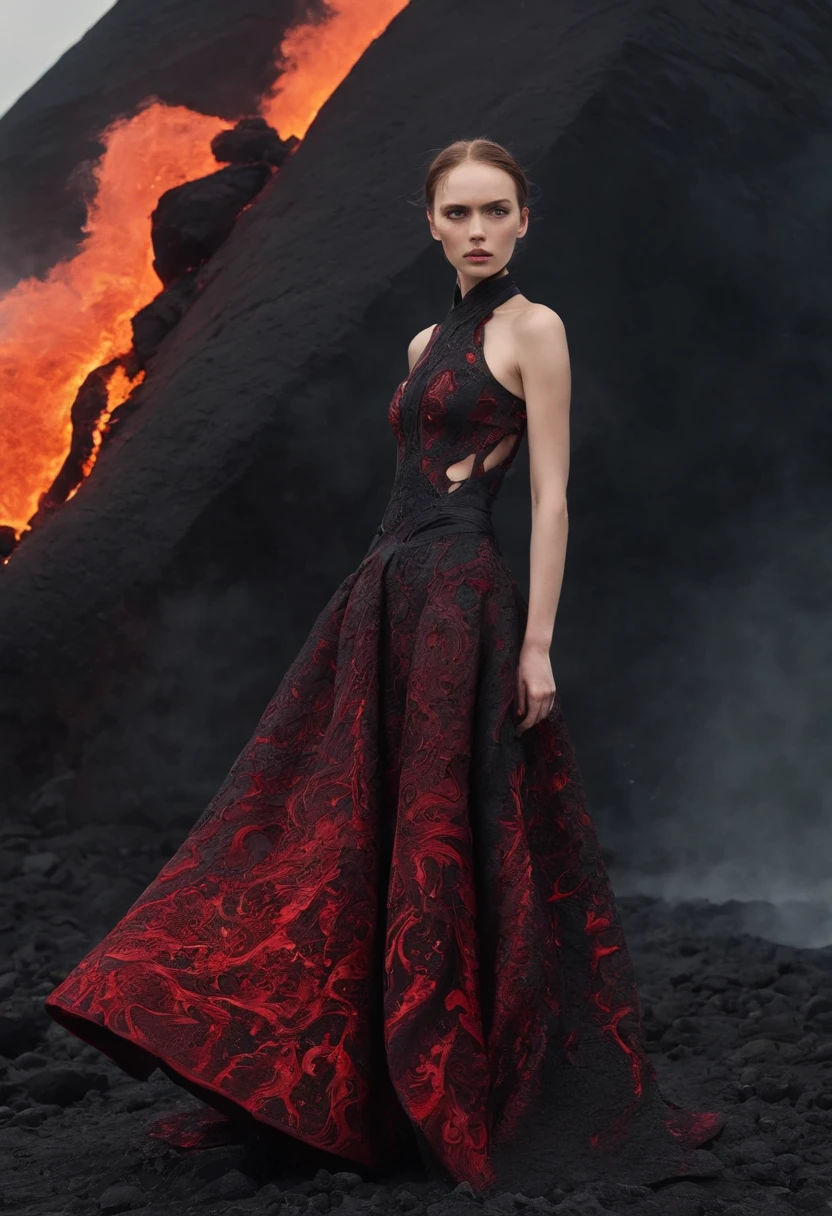Arad woman in black and red dress，Stand in front of black volcanic stones, （The bottom of the skirt was on fire：1.3）, （The hem of the skirt blends perfectly with the firelight），Inspired by Anne Leibovitz, Red and black color, （with fires and black smoke）, body with black and red lava, author：annie lebovetz, alexander mcqueen haute couture