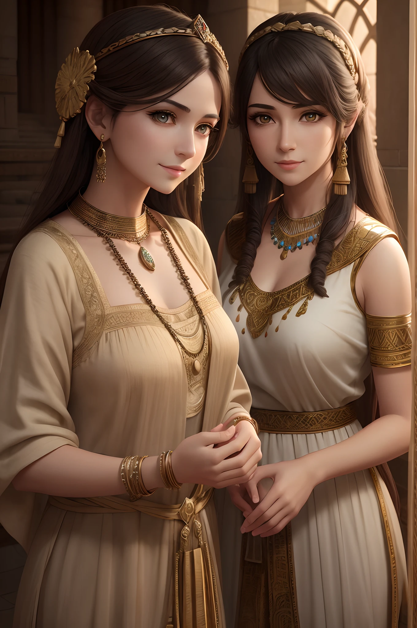 high quality, ultra-realistic, closeup portrait of two Beautiful women of ancient Mesopotamia,leering:1.4,dynamic pose, ancient Mesopotamian civilization, Babylonia, Uruk, tunics of various lengths, linen garments, agate necklaces,translucent paisley clothing, Kaunakes, bronze ware, a little smile, high adobe walls, luminism, 3d render, octane render, cinematic, Isometric, awesome full color, 8K Ultra HD, by yukisakura, high detailed,