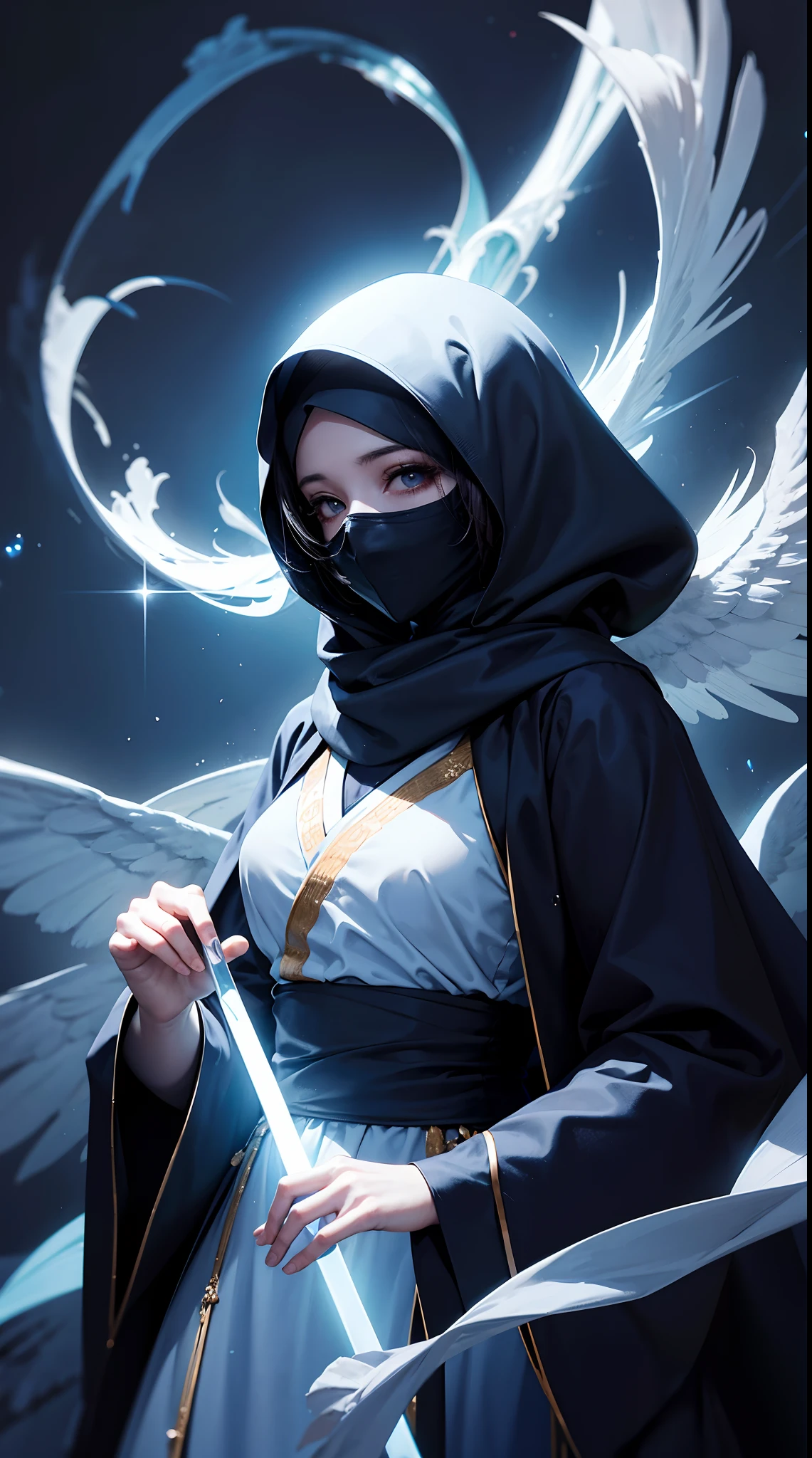 Muslim woman, Angels no face, God-like face covering piece of cloth, hanfu, Headscarf, blue sea efect, hd background,HD lighting and dark )<=(epic image quality)dark atmosphere with bright particle light(many effects in background)