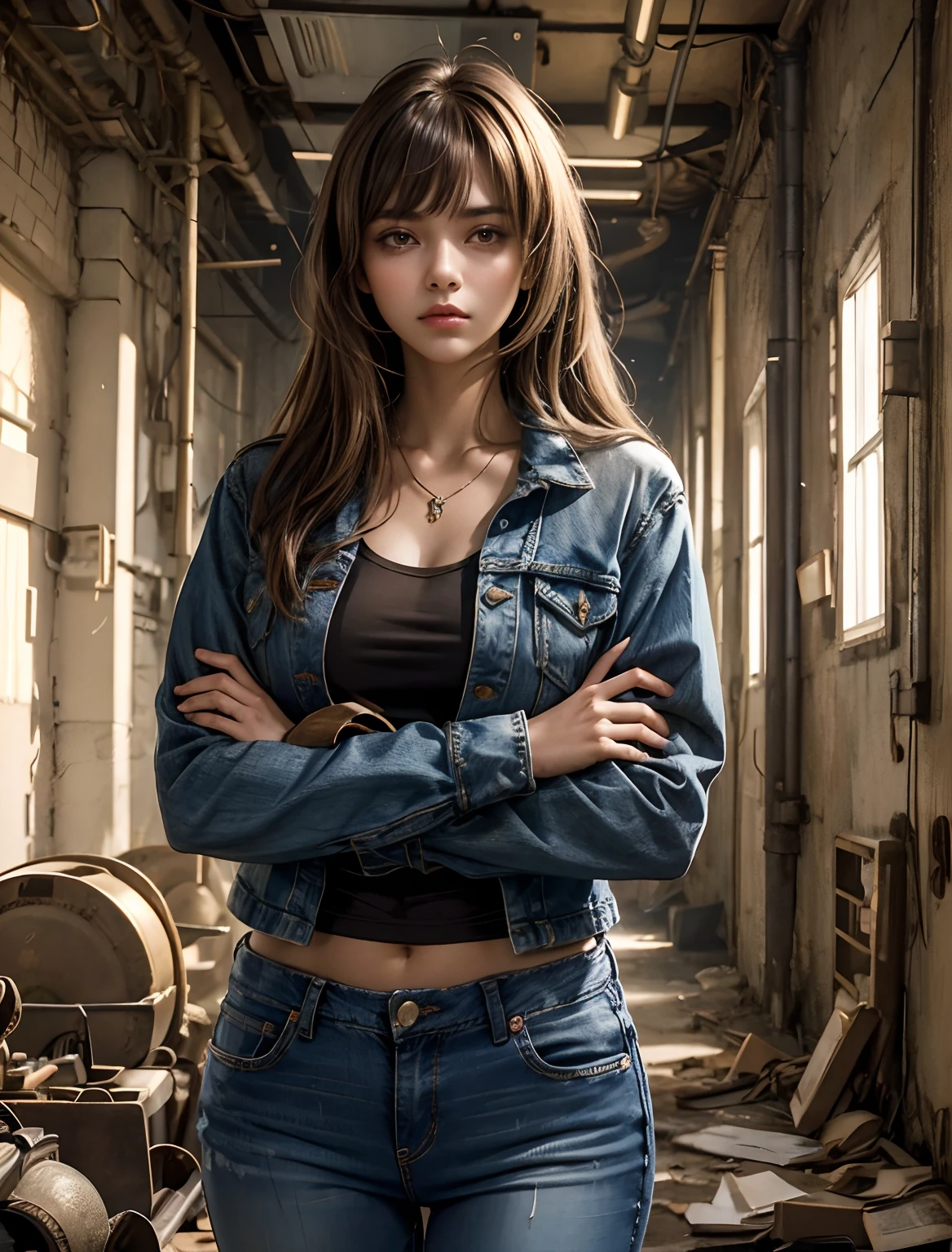 Beautuful Women. She has light brown hair that reaches around her shoulders. Her bangs are down, Hide her forehead. He wears modern clothes and jeans. She crosses her arms and has a defiant look on her face. There's a secret behind her, An abandoned laboratory in the darkness of night.