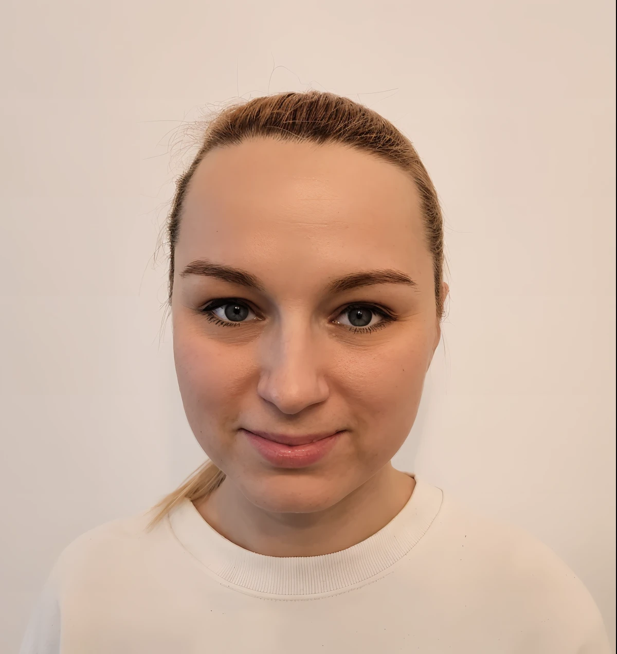 there is a woman with a white shirt and a white shirt, clean perfect symmetrical face, full face frontal centred, young female face, full face portrait, face picture, wide forehead, very high quality face, perfect symmetrical face, real detailed face, facial retouch, clean beautiful symmetrical face, frontal picture, prefect symmetrical face, hyperdetailed perfect face