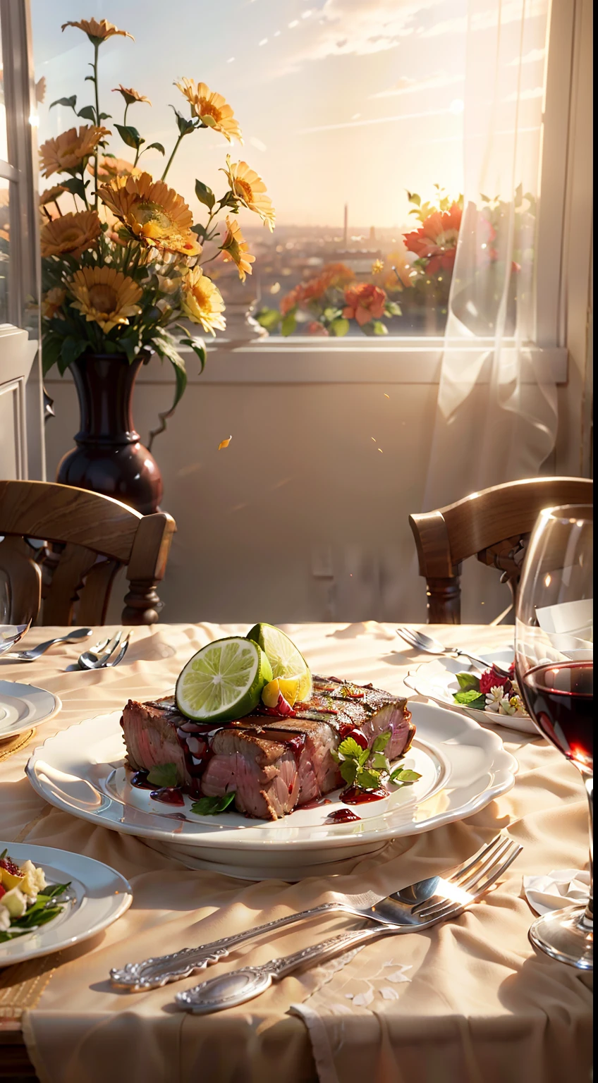 Extreme close-up，Clear，tmasterpiece，Table in the dining room，Delicious steak on the table，red wine，wineglass，Fruit platter，Beautiful classical vase with flowers，Bright natural light，Outside the window it is autumn，Translucent curtains，dining room，C4D，Empty product display scene，Positive perspective，first person perspective