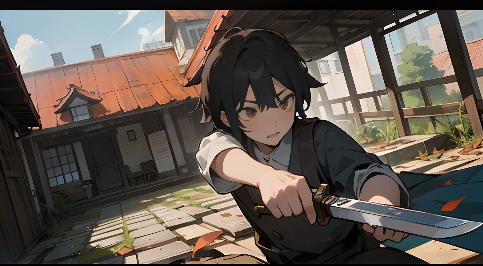 Libido boy,（mtu:1.2）,Short black messy hair,Knife in hand,Jump from the red roof,Dilapidated house,Yard full of fallen leaves,Masterpiece,Best quality,超细节的,Broad perspectives,comic strip,photorealestic,illustration,Renderer,illustration,Matsuki,Depth of field 2.0