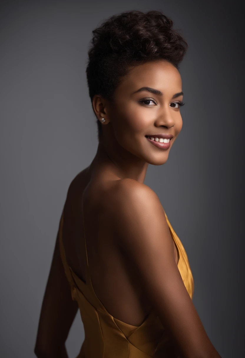 Fashion model photography, ballet dress, strong sense of design, medium shot, South African girl, short hair, hair accessories, delicate skin, smile, simple background, high texture, glare backlight, professional studio lighting