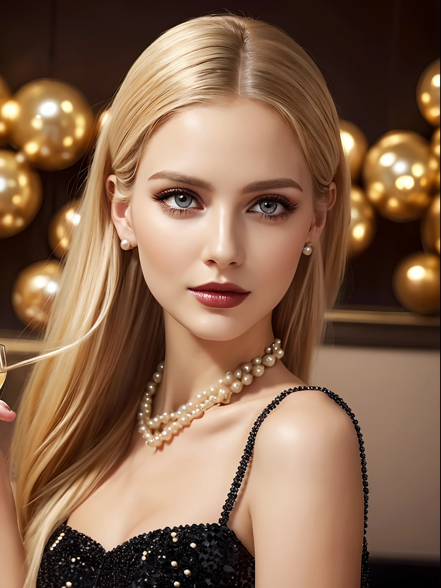 Pretty blonde girl , pretty detailed hazel eyes, pretty detailed face, detailed lips, realistic detailed skin, slim with small waist and nice body, long hair realistic, wearing black dress with pearls at a party holding champagne glass in her hand ,super pretty girl, attractive and beautiful girl, highly detailed, ultra realistic