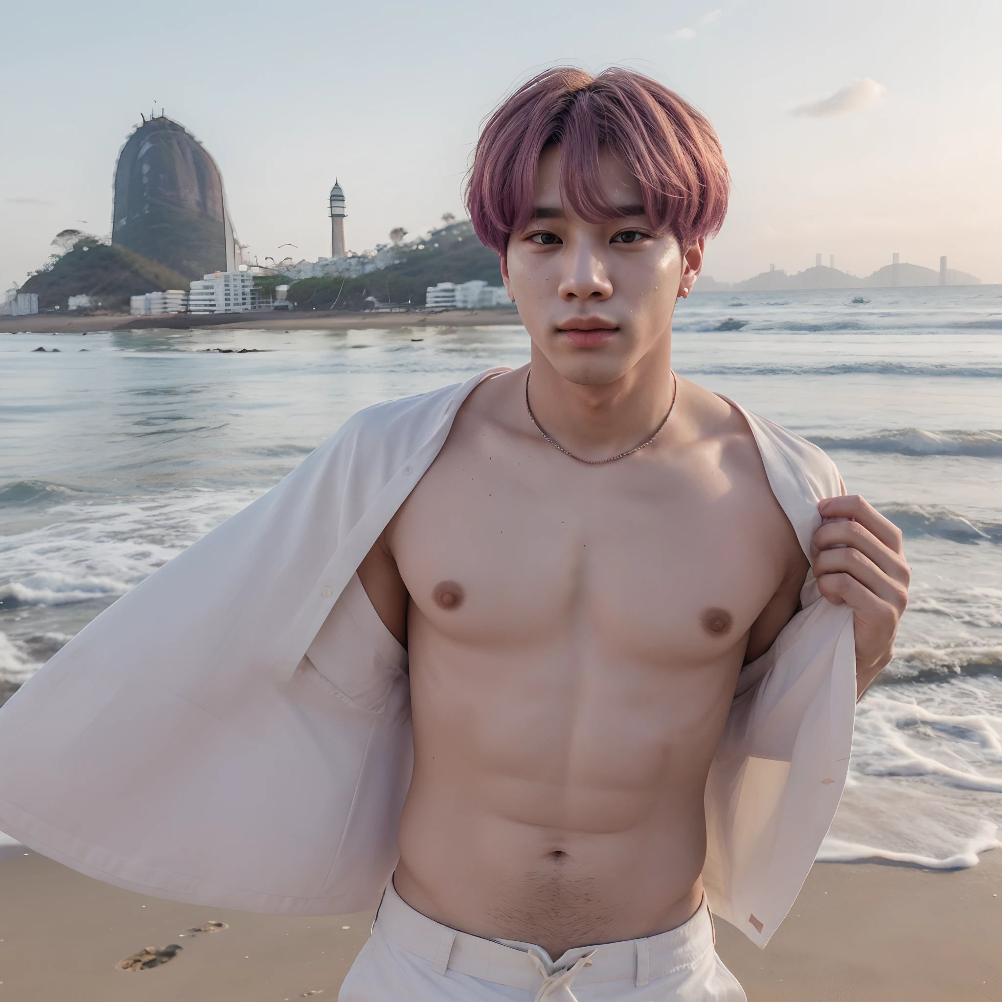 Park jimin do BTS com cabelo ruivo na praia do Rio de janeiro