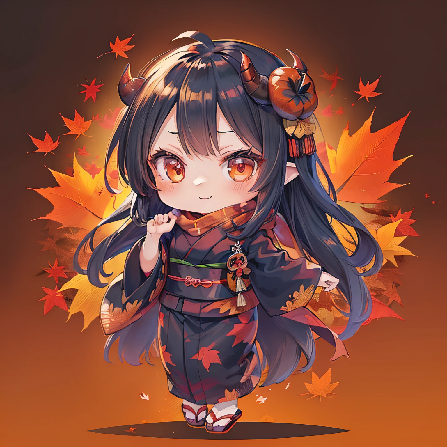 (((masutepiece))), Best Quality, Extremely detailed, (put hands on the hip:1.2), (Kimono:1.2), (scarf:1.2), (((Demon Girl))), banya, (((Solo))), (Black Long Hair), Forehead, Happy, Red Eyes, Full body, Ahoge, (((Deformed))), (((Chibi Character))), (((Autumn background))), (Bright red background), (((Autumn Leaf Felt))