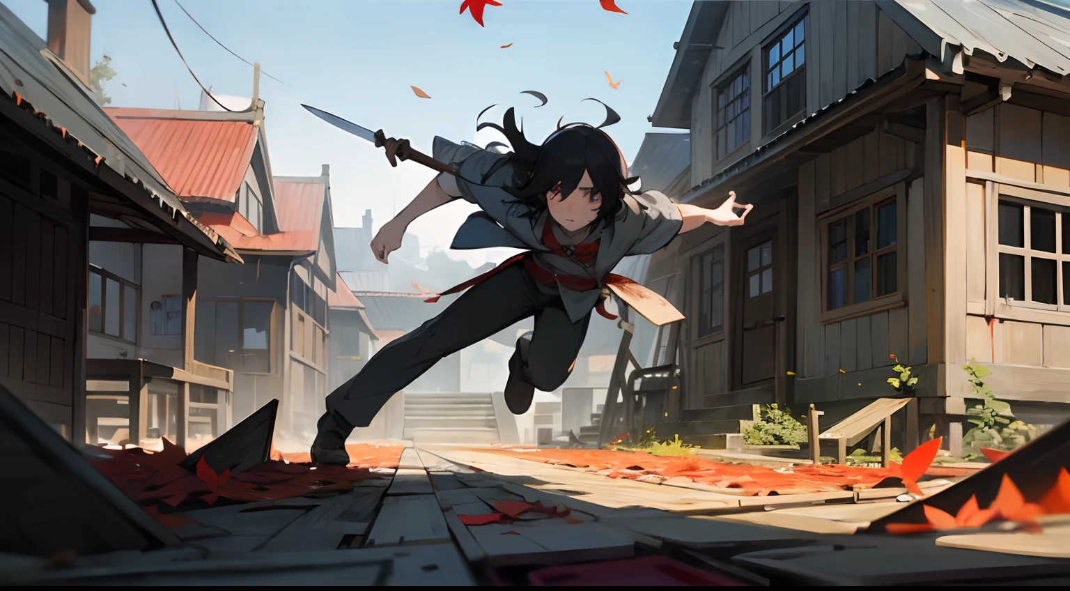 Libido boy,(mtu:1.2),Short black messy hair,Knife in hand,Jump from the red roof,Dilapidated house,Yard full of fallen leaves,Masterpiece,Best quality,超细节的,Broad perspectives,comic strip,photorealestic,illustration,Renderer,illustration,Matsuki,Depth of field 2.0
