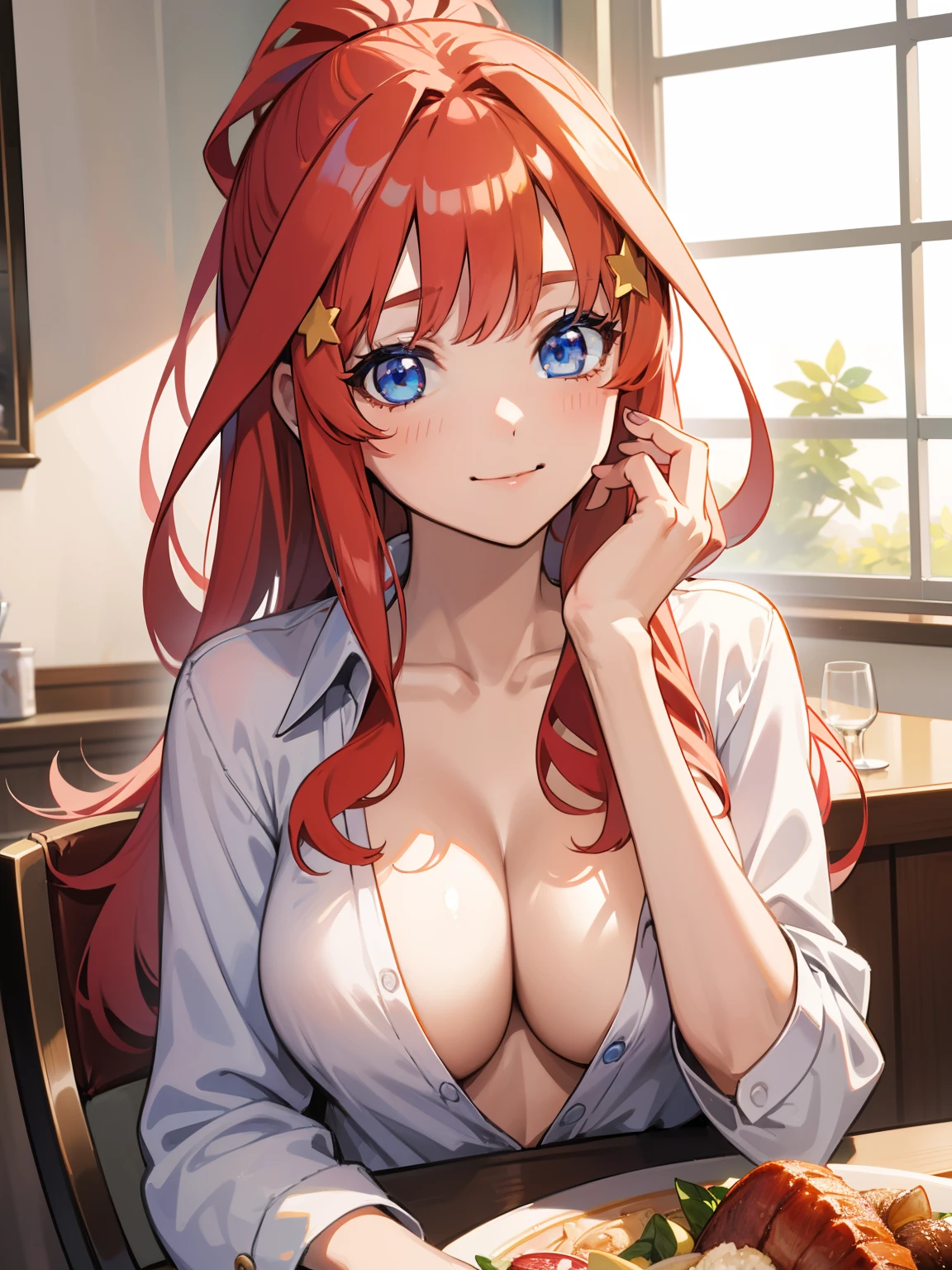 1girl, Anime girl with long hair, anime moe art style, Anime visuals of cute girls, Anime Best Girl, itsuki nakano fanart, pretty anime girl, Smooth Anime CG Art, Seductive Anime Girl, charming anime girls, Cute anime girl, Shining eyes, big boobs, (((((at the dinner table))))), ((looking at viewer)), ((smile)), close up, red hair, blue eyes,white shirt, upper shirt button off, cleavage, collar bones exposed, collar bones, collar bones visible, light boob cleavage, (portrait), (((no bra))), (((fancy restaurant))), cup of wine, cleavage, ponytail, golden earings