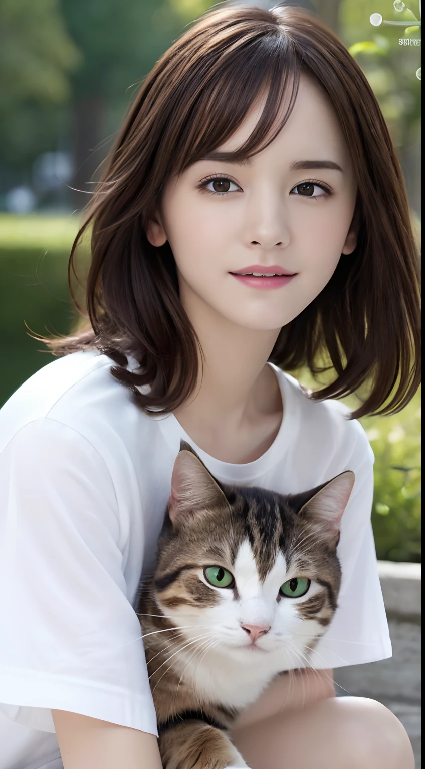 (A hyper-realistic), (hight resolution), (8K), (ighly detailed), (beatiful detailed eyes), (top-quality), (ultra-detailliert), (masterpiece), (A detailed face), softfocus、face of emma watson、Colossal tits、japanes、a park、Petting a cat、JINS、white t-shirts、A smile、Squatting