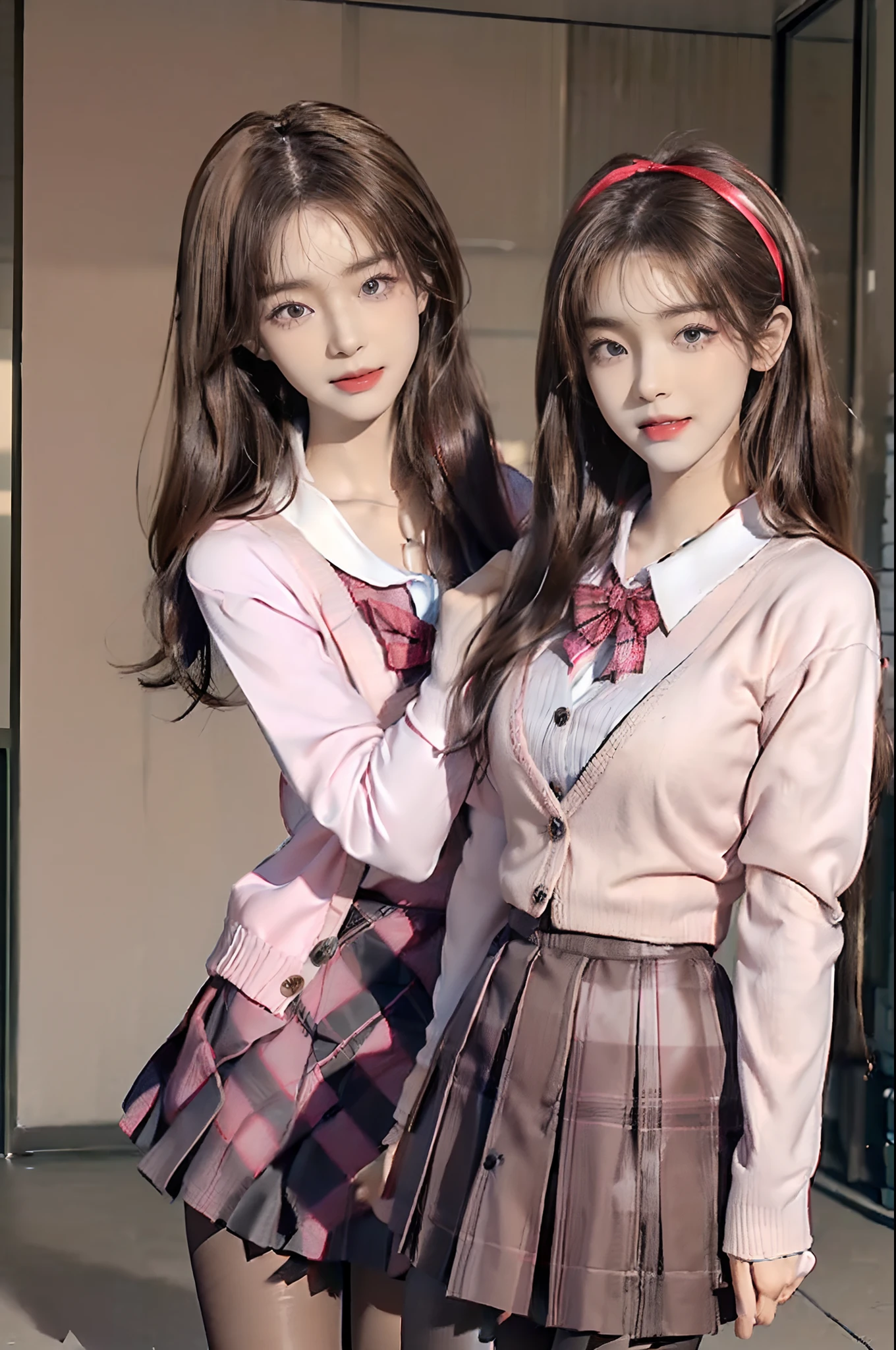 ((top-quality、8K、masterpiece:1.3))、(((2girls)):1.3),((anatomy correct):1.45)、(Full body:1.5)、(((32years old)))、foco nítido:1.2、(realisitic、Photorealsitic:1.37)、(((A smile)))、Gaze towards the viewer、Beautiful Face Woman、28 year old、pointed chest、long eyeslashes、Colorcon、Big 、delicated、Very detailed eyes、Highly detailed eyebrows、(Sharp Eyebrows)、(Thin eyebrows)、very vey very detailed face、((Brunette short disheveled hair))、(School Uniforms:1.2), (Pink cardigan fits the body:1.4), ((Raise button, Not loose):1.5), ((Long sleeve, sleeves past wrists):1.2), (White collar shirt underneath:1.3), (Red plaid bow:1.3), (red plaid pleated skirt:1.3), ((Light brown pantyhose, lowfers):1.2), school classrooms、Detailed background、(8K、masterpiece、top-quality、Raw foto)、Every person has a different face