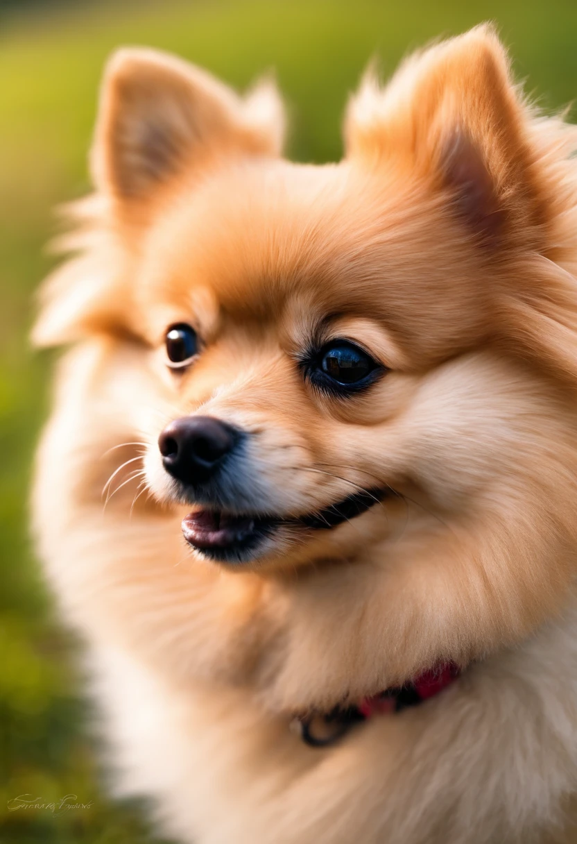 Create image of a fuzzy Pomeranian, macio, fofinho com uma tarja na parte de baixo escrito exatamente: "UmBeloPet"
