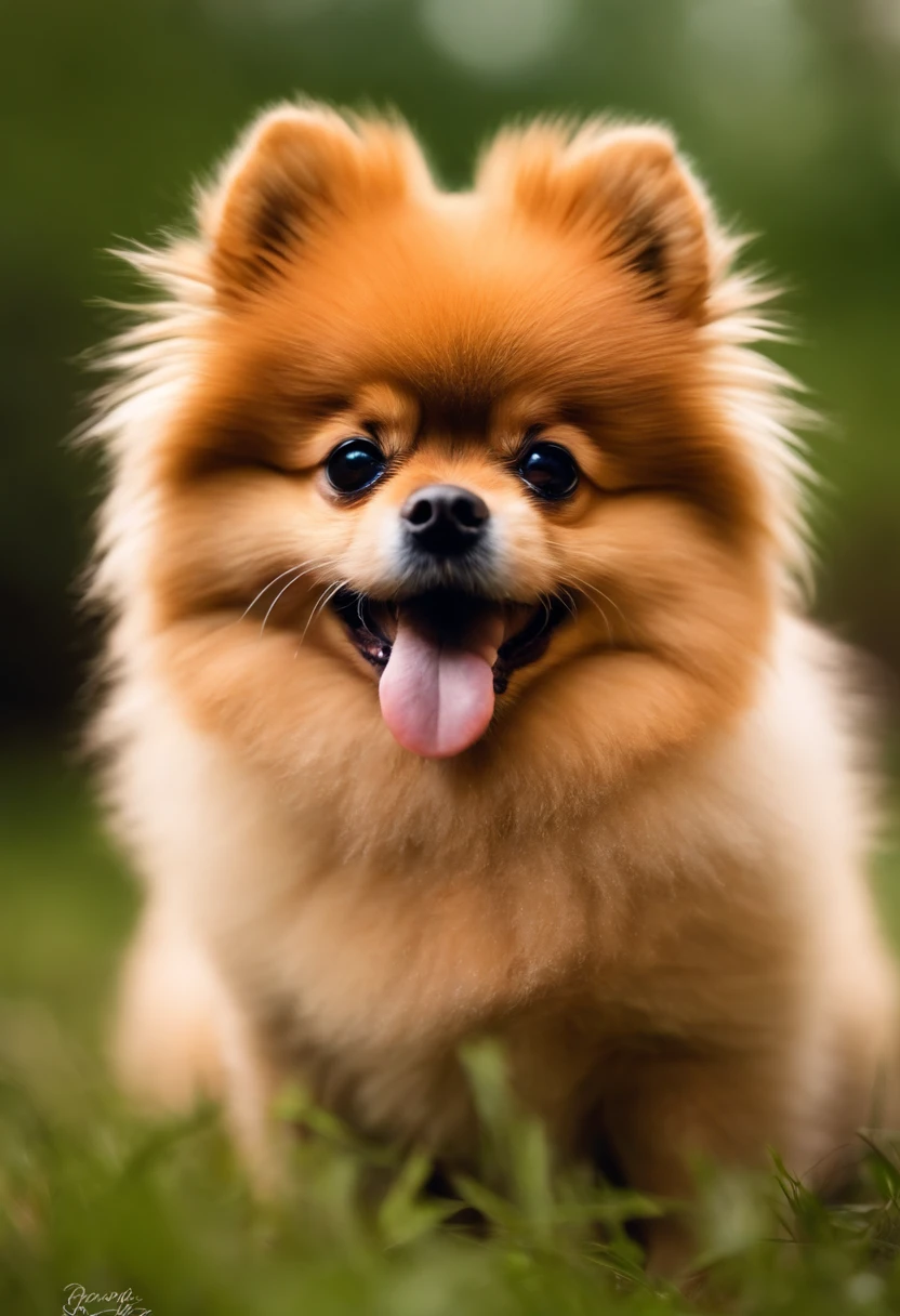Create image of a fuzzy Pomeranian, macio, fofinho com uma tarja na parte de baixo escrito exatamente: "UmBeloPet"