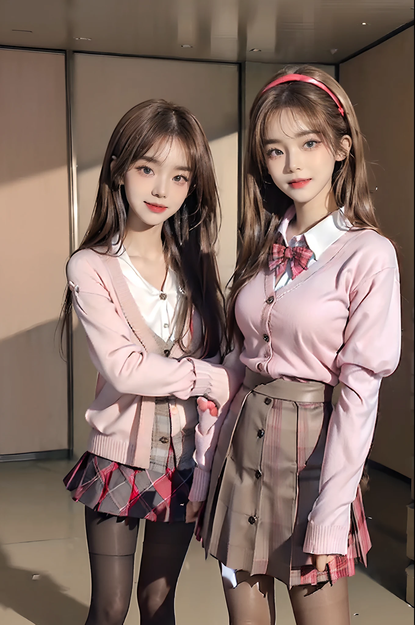 ((top-quality、8K、masterpiece:1.3))、(((2girls)):1.3),((anatomy correct):1.45)、(Full body:1.5)、(((32years old)))、foco nítido:1.2、(realisitic、Photorealsitic:1.37)、(((A smile)))、Gaze towards the viewer、Beautiful Face Woman、28 year old、pointed chest、long eyeslashes、Colorcon、Big 、delicated、Very detailed eyes、Highly detailed eyebrows、(Sharp Eyebrows)、(Thin eyebrows)、very vey very detailed face、((Brunette short disheveled hair))、(School Uniforms:1.2), (Pink cardigan fits the body:1.4), ((Raise button, Not loose):1.5), ((Long sleeve, sleeves past wrists):1.2), (White collar shirt underneath:1.3), (Red plaid bow:1.3), (red plaid pleated skirt:1.3), ((Light brown pantyhose, lowfers):1.2), school classrooms、Detailed background、(8K、masterpiece、top-quality、Raw foto)、Every person has a different face