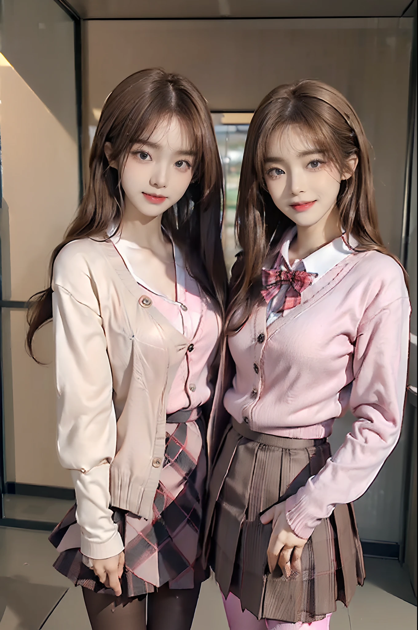 ((top-quality、8K、masterpiece:1.3))、(((2girls)):1.3),((anatomy correct):1.45)、(Full body:1.5)、(((32years old)))、foco nítido:1.2、(realisitic、Photorealsitic:1.37)、(((A smile)))、Gaze towards the viewer、Beautiful Face Woman、28 year old、pointed chest、long eyeslashes、Colorcon、Big 、delicated、Very detailed eyes、Highly detailed eyebrows、(Sharp Eyebrows)、(Thin eyebrows)、very vey very detailed face、((Brunette short disheveled hair))、(School Uniforms:1.2), (Pink cardigan fits the body:1.4), ((Raise button, Not loose):1.5), ((Long sleeve, sleeves past wrists):1.2), (White collar shirt underneath:1.3), (Red plaid bow:1.3), (red plaid pleated skirt:1.3), ((Light brown pantyhose, lowfers):1.2), school classrooms、Detailed background、(8K、masterpiece、top-quality、Raw foto)、Every person has a different face