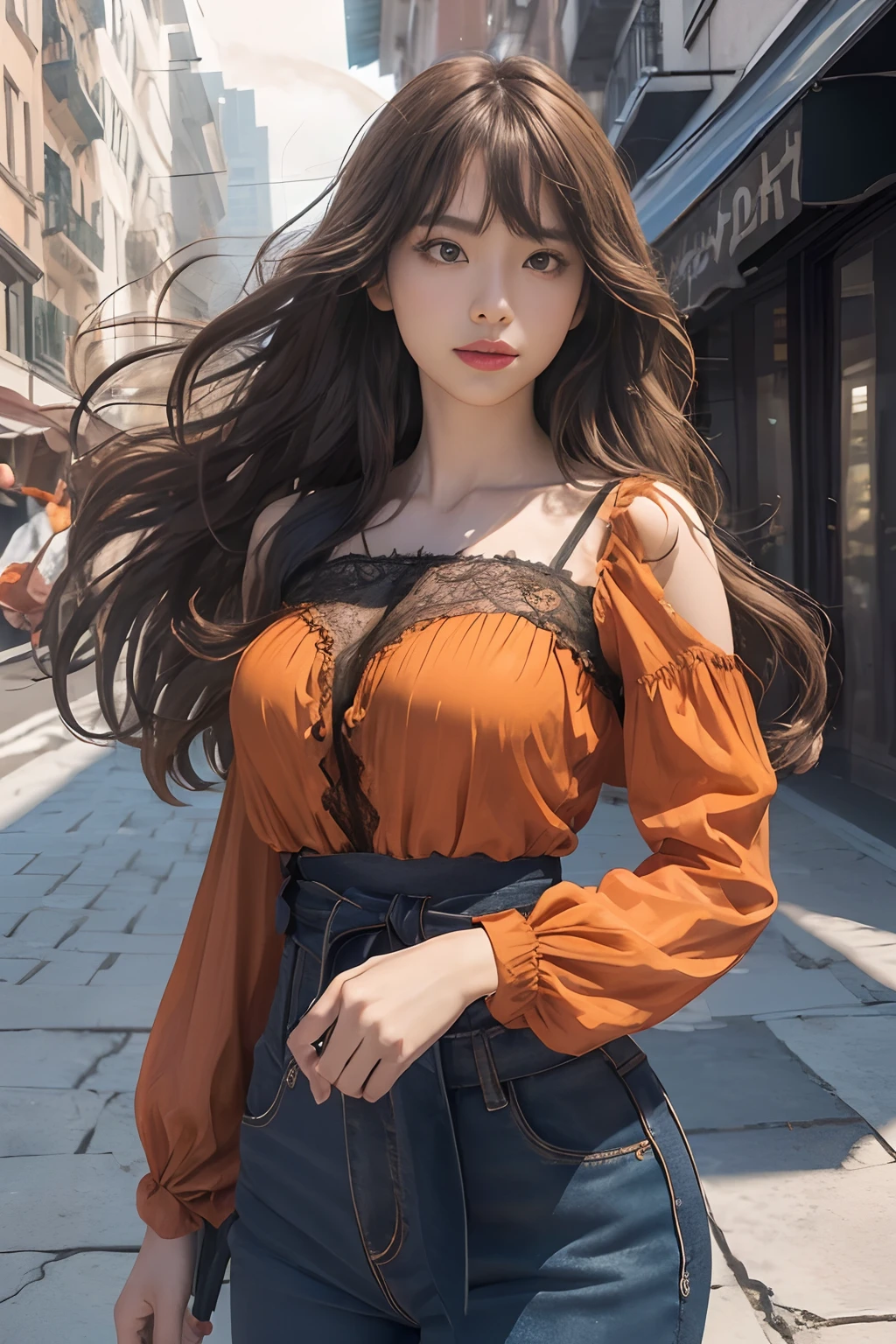 Highest Quality,(Photorealistic:1.1), Solo, ((FULL BODYSHOT)), beautiful a girl, (Correct body balance), Correct anatomy, (Very cute), (Orange lace blouse, :1.2), long hair to the waist, Beautiful big eyes, lightsmile, Beautiful body,Beautiful hourglass, Large breasts, Big hips, oilly skin, The background is in the city, (Gusts of wind are blowing:1.5)、(disheveled clothes and long hair:1.5)、sexypose、Dramatic Pose、The depth of field is shallow、Near and far law、Top-quality lighting that doesn't darken your face when backlit、
