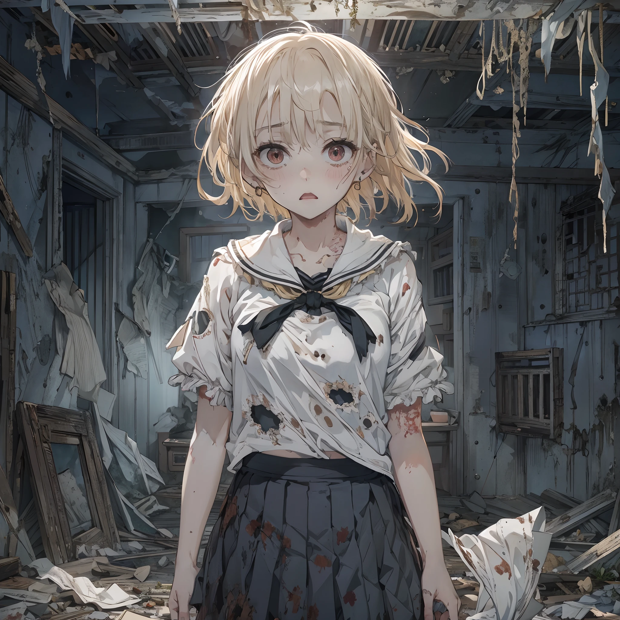 masutepiece,finely detail,8K,Haunted spot,mid night,Ruins,A ghost is standing behind,Crumbled room,horror atmosphere,独奏,Short twin-tailed blonde hair and short twin-tailed blonde hair,Frightened look,Tears,Tattered white sailor suit、Tattered skirt、Sweat appears、Frightened by fear、Dark places with no light、