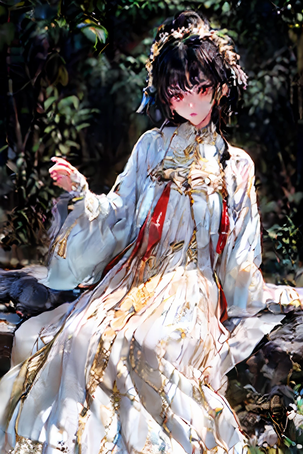 short-haired, Silver hair, red eyes, 1 juvenile, Brown skin, Arabian, Beautiful decoration, Yellow dress, puppet, The upper part of the body, dark ilumination, Look at viewers, (epic poem), (elegent), ((ultra-detailliert)), ((top-quality)), Bloom, (first_person_view), brilliance, shimmer, Bright pupils, illuminating, hood down, (masterpiece, side lights, finely detailed eyes: 1.2)