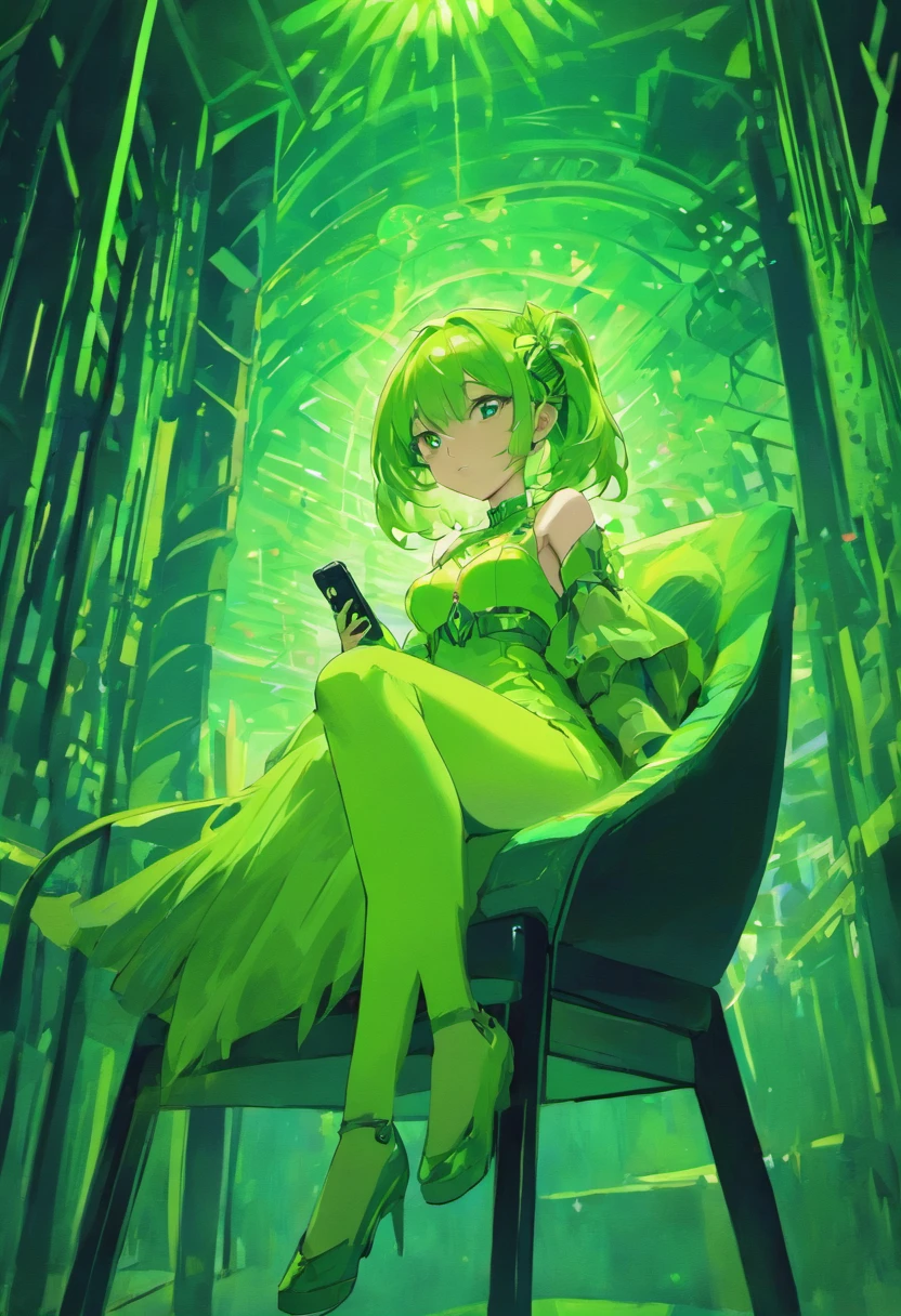 There is a woman sitting in a chair with a cell phone, Luz verde ambiental, Luz ambiental verde, inspirado por Ray Caesar, Greenish lighting, green lighting, Aura verde, Emma Watson como una silla de aguacate, Luz matricial verde, inspirado por Chris LaBrooy, androide femenino retrofuturista, Dramatic green lighting, android heroine, luz verde, Biophilia mood