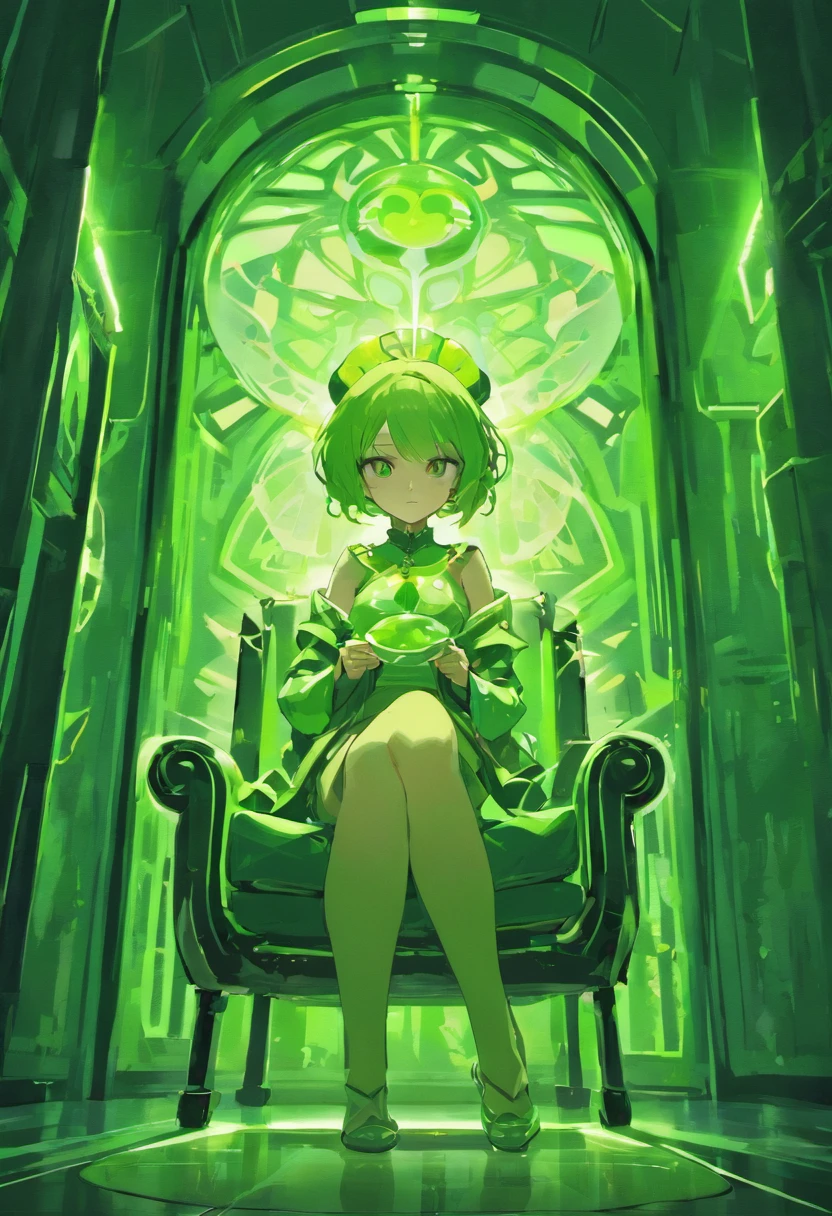 There is a woman sitting in a chair with a cell phone, Luz verde ambiental, Luz ambiental verde, inspirado por Ray Caesar, Greenish lighting, green lighting, Aura verde, Emma Watson como una silla de aguacate, Luz matricial verde, inspirado por Chris LaBrooy, androide femenino retrofuturista, Dramatic green lighting, android heroine, luz verde, Biophilia mood