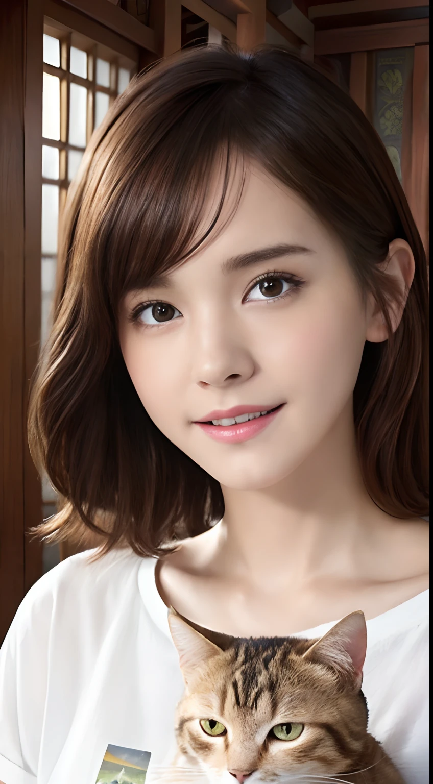 (A hyper-realistic), (hight resolution), (8K), (ighly detailed),  (beatiful detailed eyes), (top-quality), (ultra-detailliert), (​masterpiece), (A detailed face), softfocus、face of emma watson、Colossal tits、japanes、in a house、Petting a cute cat、JINS、white t-shirts、A smile