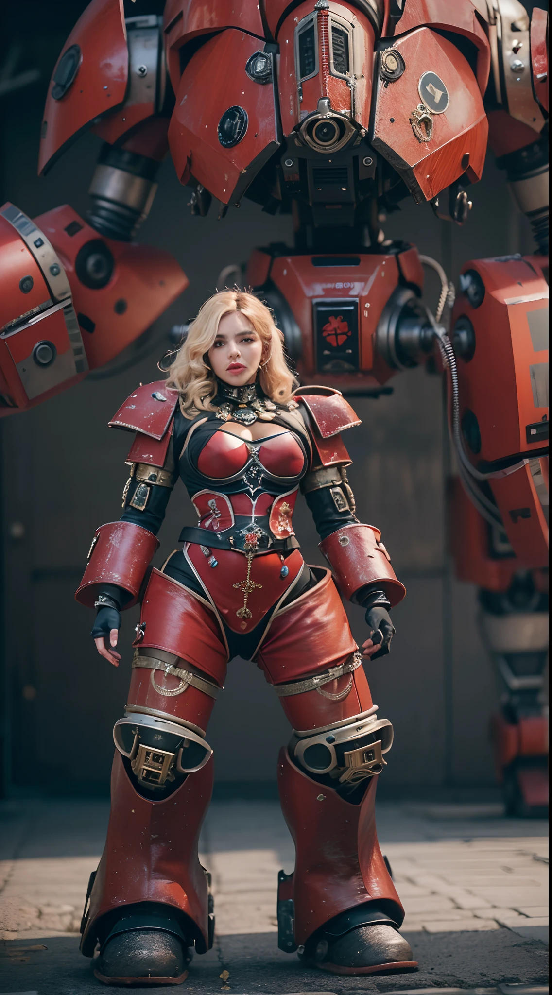 (The main subject: Wide-angle lens), salama,Singer Madonna as Marine Astartes, (Show on the(humongous large breast)Power mech) colours: red colour, (warhammer40k),Realistic metal mech,Standing in the street.(Best quality,4K,8K,A high resolution,Masterpiece:1.2),(Realistic,Photorealistic,photo-realistic:1.37)