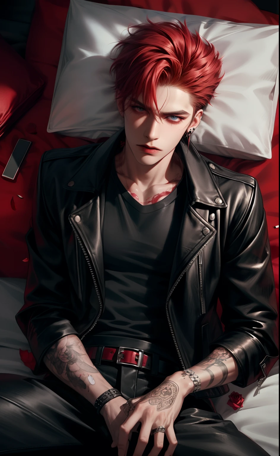 1 boy, solo, man, handsome, red vibrant dyed hair, masculine, piercings, pale skin, laying on the bed, piercings, cigarette, cigarette smoke, frown, bandages, black leather jacket, black tattoos, rose petals, detailed eyes, badass