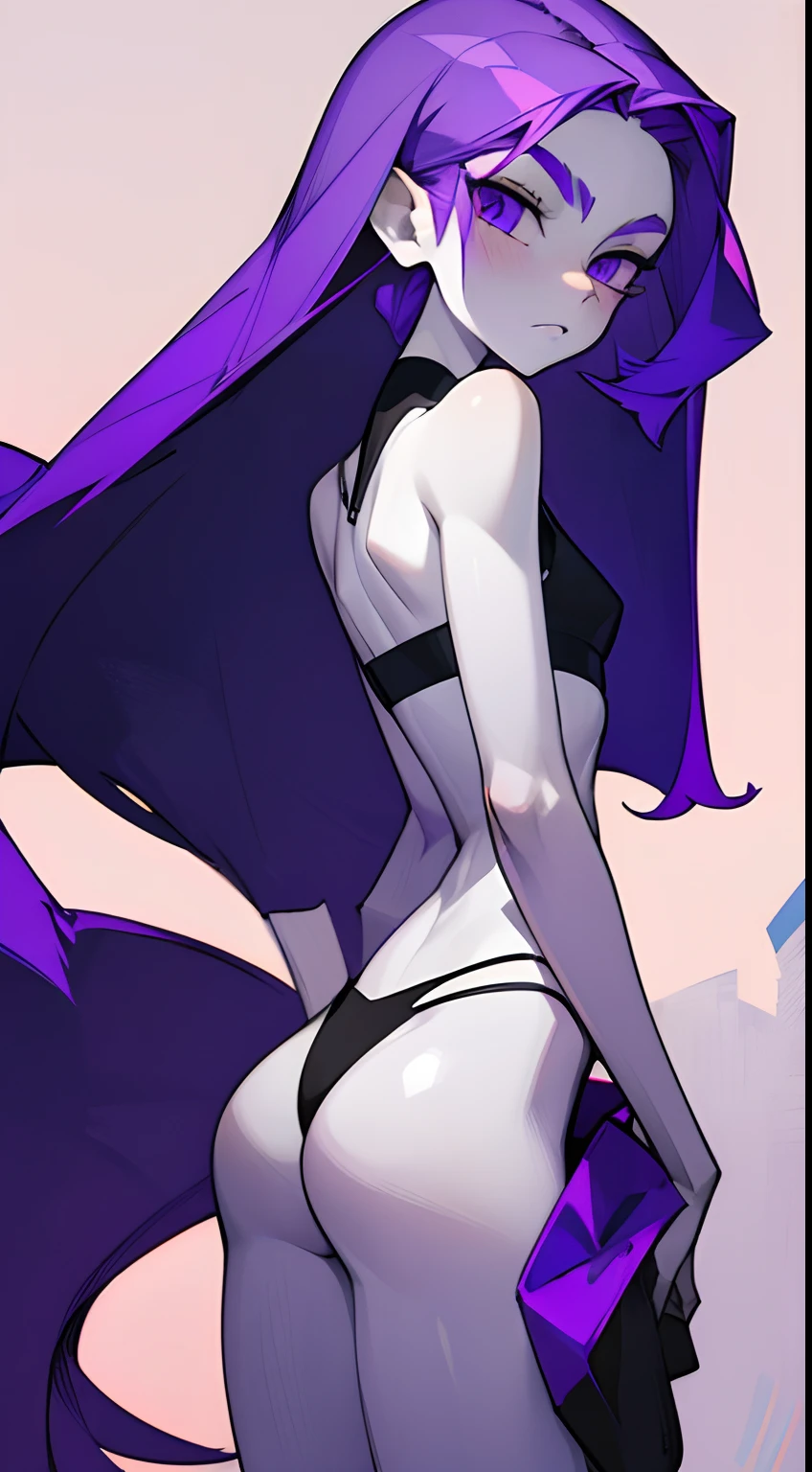 Girl with long thin purple hair, White Skin Skin, Vysokoch, Skinny, beatiful face, sharp facial features, little chest, in a black thong and crop top, white sneakers, seen from behind, ass