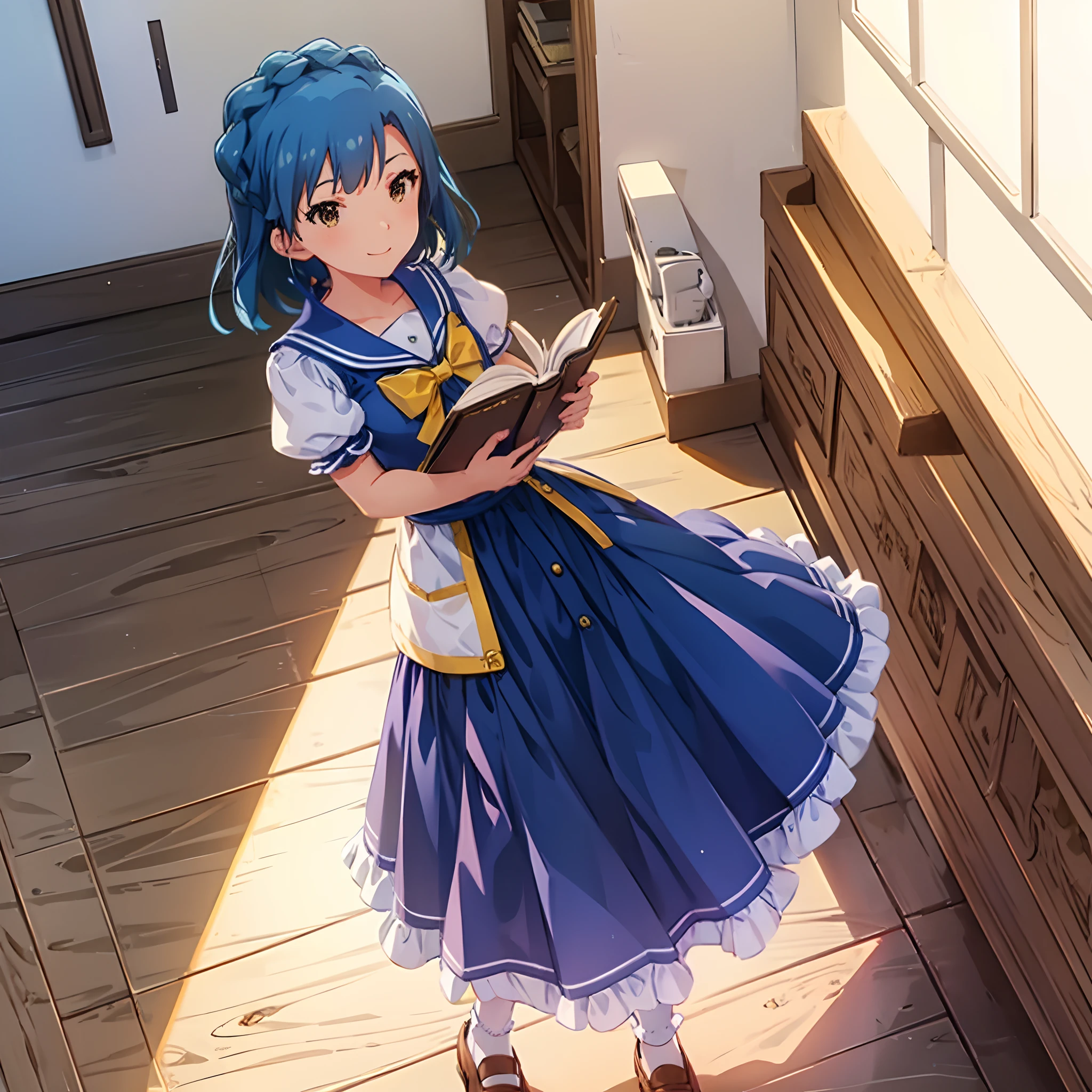 yuriko nanao (million live), 1 girl, solo, best quality, masterpiece, 8k, high resolution, ultra-detailed, light smile, light blue dress, sailor collared dress, short sleeves, puffy sleeves, yellow cardigan, white socks, brown footwear, loafers, holding books, in the school, corridor,