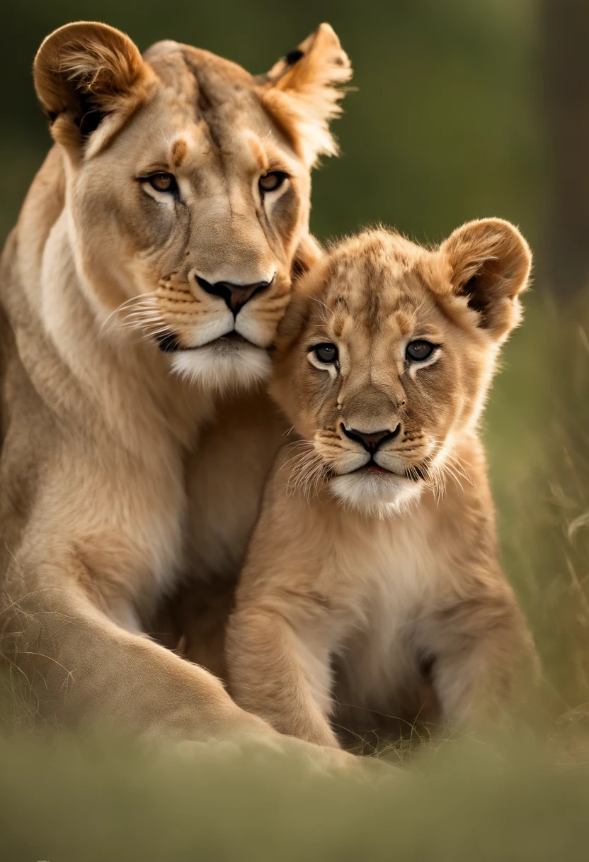 Photorealistic,parent-adult,lioness,lioness-cub duo,roaring,cub-whitess,admirable,adorable,cute,self-assured,courageous,strong,independent,roaring together,protective,loving,nurturing,fierce,ferocious,mother's love,mother-child bond,majestic,royal,pristine white,cub next to mother,close together,baby lion,throaty roars,proud stance,golden manes,whiskers,epic wildlife scene,unbreakable family connection,harmonious,peaceful,photographic-like realism (best quality, 4k, 8k, highres, masterpiece:1.2), ultra-detailed, realistic:1.37, vivid colors, sharp focus, studio lighting, incredible details on fur, intense gaze, minute textures, detailed facial features, mesmerizing eyes, gentle sunlight illuminating the scene, stunning contrast, fine art, wildlife photography, lifelike rendering
