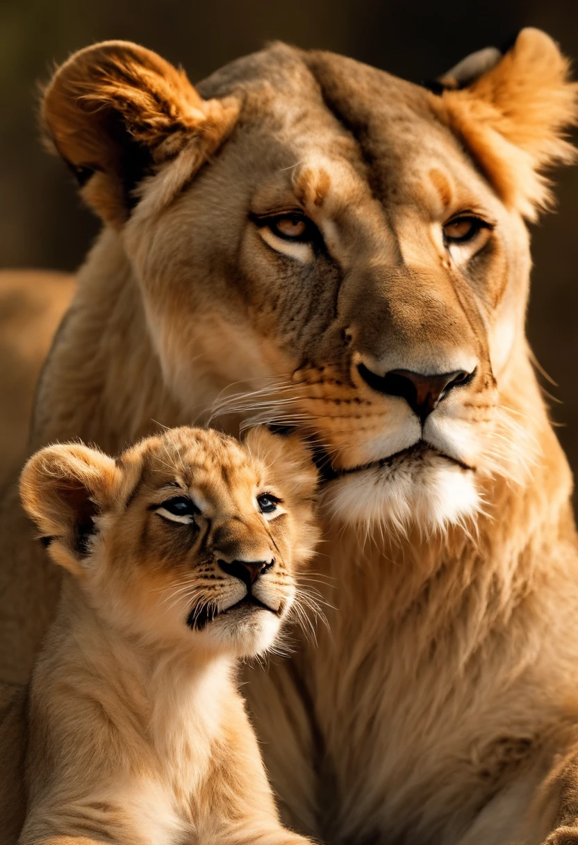 Photorealistic,parent-adult,lioness,lioness-cub duo,roaring,cub-whitess,admirable,adorable,cute,self-assured,courageous,strong,independent,roaring together,protective,loving,nurturing,fierce,ferocious,mother's love,mother-child bond,majestic,royal,pristine white,cub next to mother,close together,baby lion,throaty roars,proud stance,golden manes,whiskers,epic wildlife scene,unbreakable family connection,harmonious,peaceful,photographic-like realism (best quality, 4k, 8k, highres, masterpiece:1.2), ultra-detailed, realistic:1.37, vivid colors, sharp focus, studio lighting, incredible details on fur, intense gaze, minute textures, detailed facial features, mesmerizing eyes, gentle sunlight illuminating the scene, stunning contrast, fine art, wildlife photography, lifelike rendering