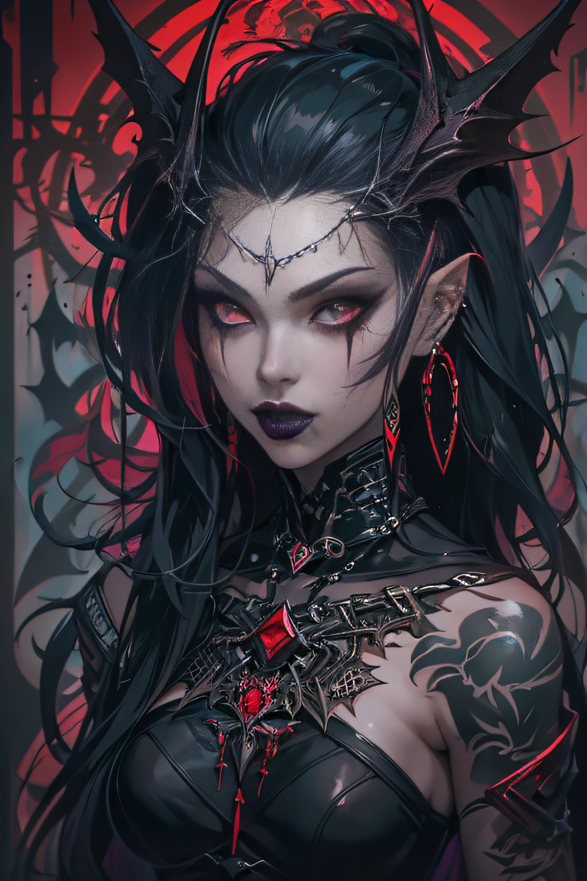 Gothic girl with tattoos and piercings placed in front of the devil, androgynous vampire, Vampire fashion, vampire of clan lasombra, dark fantasy style art, fashionable dark witch, Gothic aesthetics, dark vampire, Vampire girl, seductive cyberpunk dark fantasy, dark fantasy mixed with realism, dark art style, fantasy dark art, dark fantasy style, by Yang J