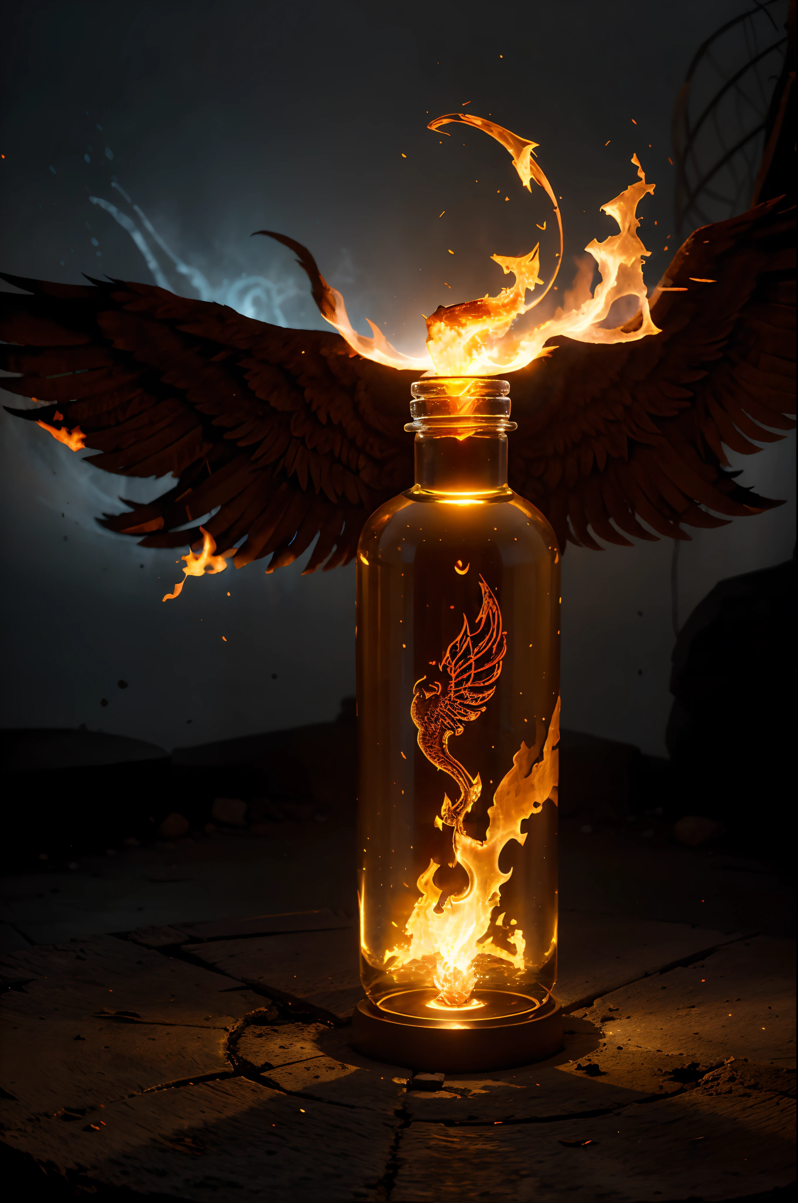 The Elemental Infusion potion is captured in a vial that resembles a fiery phoenix in flight, exuding a fiery presence. It stands within a torch-lit chamber adorned with ancient, fiery motifs that cast fiery, dancing shadows on the surroundings, evoking the essence of elemental mastery. The enigmatic flickers of light and shadows add an intense, warm heat to the ambiance, shrouding the potion in an elemental mystery.