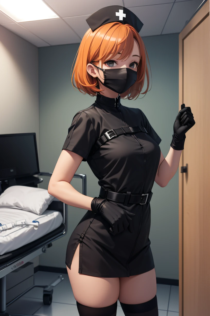 black nurse, 1girl, solo, black nurse cap, black wear, ((black legwear, zettai ryouiki)), black elbow gloves, very short hair, orange hair, ((black surgical mask, covered nose)), standing, ((surgery room)), sharp outline, short sleeves, tomboy, boyish, best quality, masterpiece