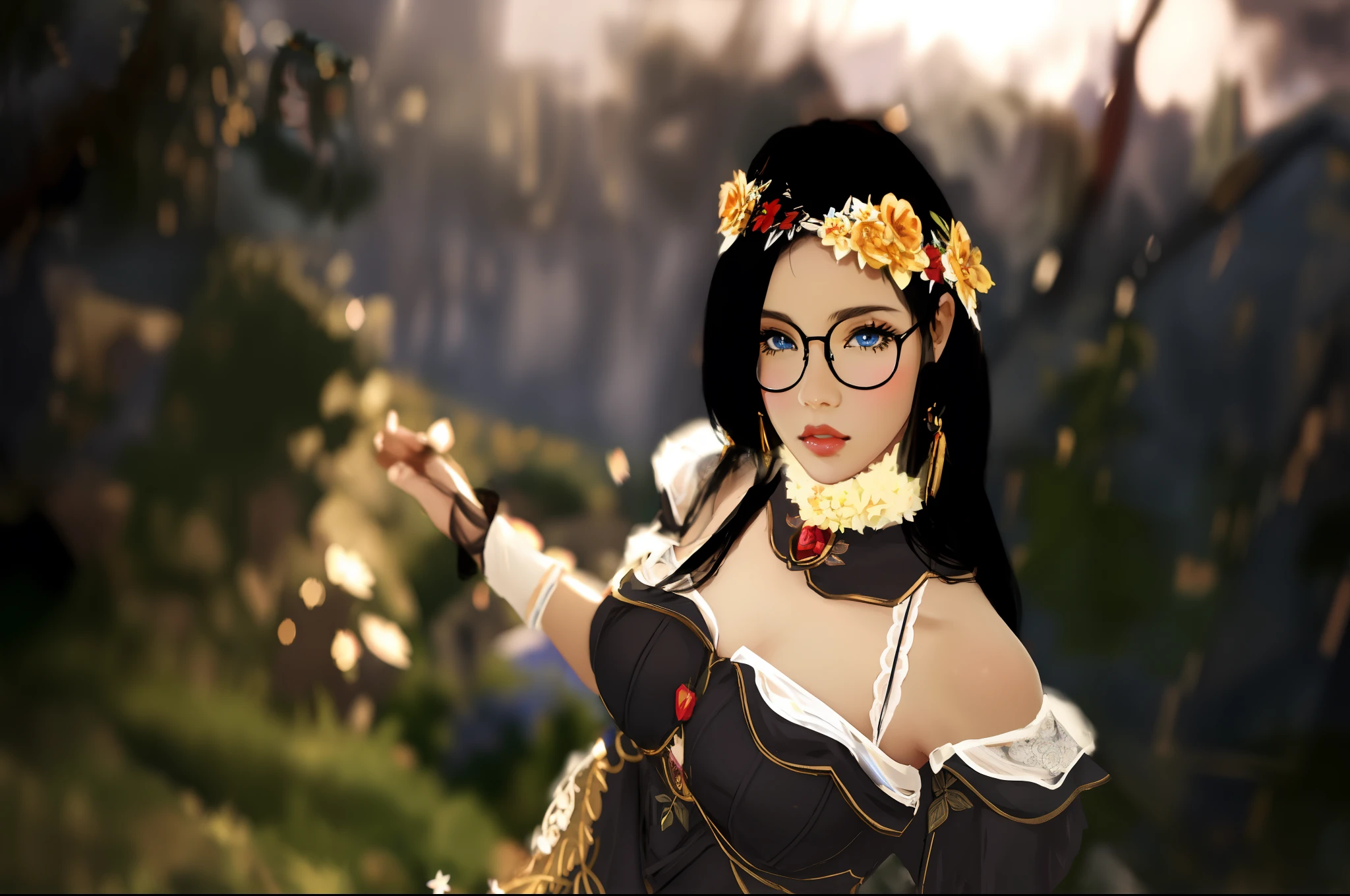 beautyfull woman , with black hair , anime tryle , flower crown , in a black dress