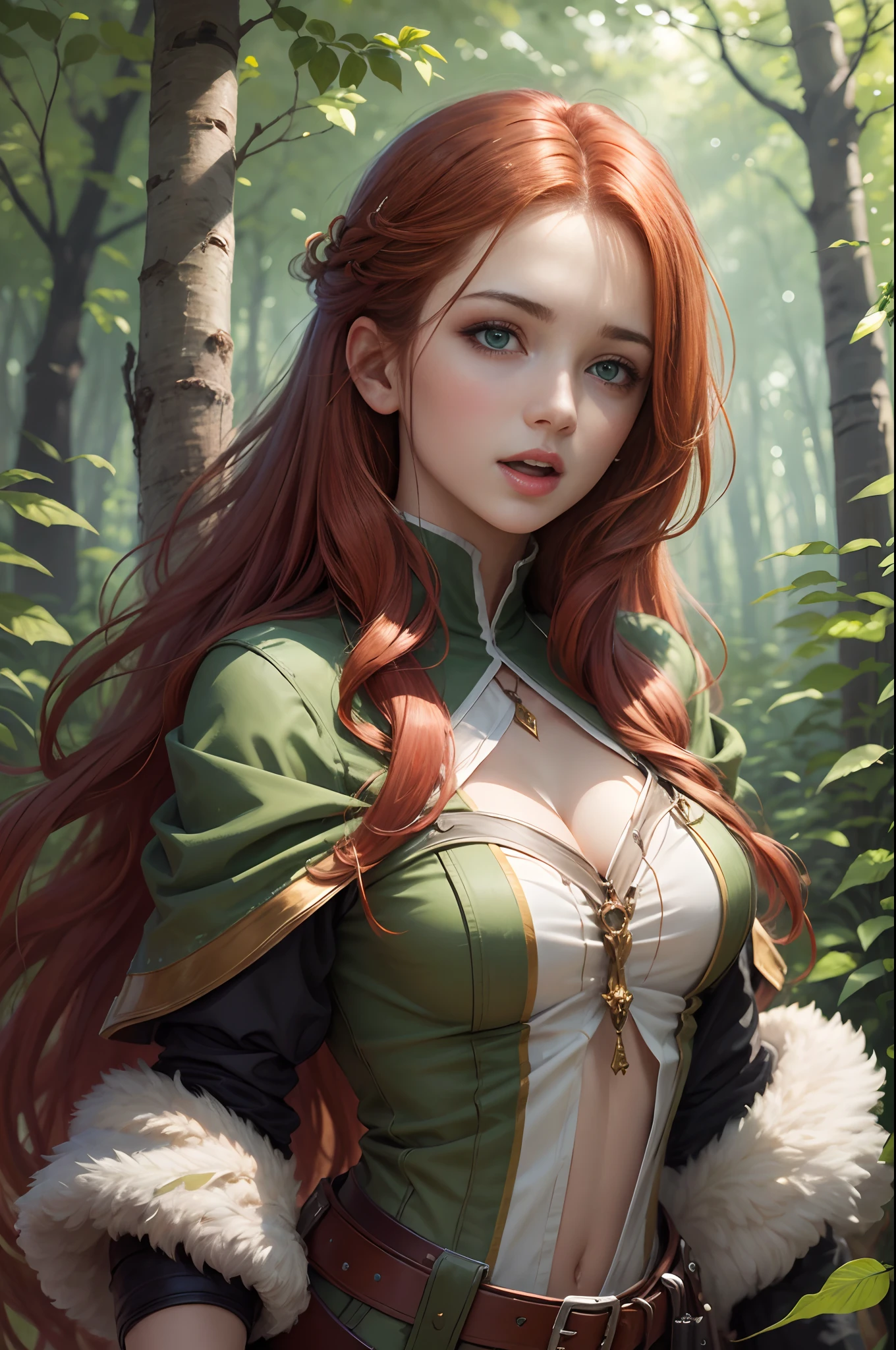 Best Quality, Masterpiece, (Realist: 1.2), Red-haired Woman, Green Eyes, Archer, In the Forest, Shadows and Lights, Detailed Face, Beautiful Eyes, Uncovered Chest, Open Mouth, War Paintings, Love Gaze
