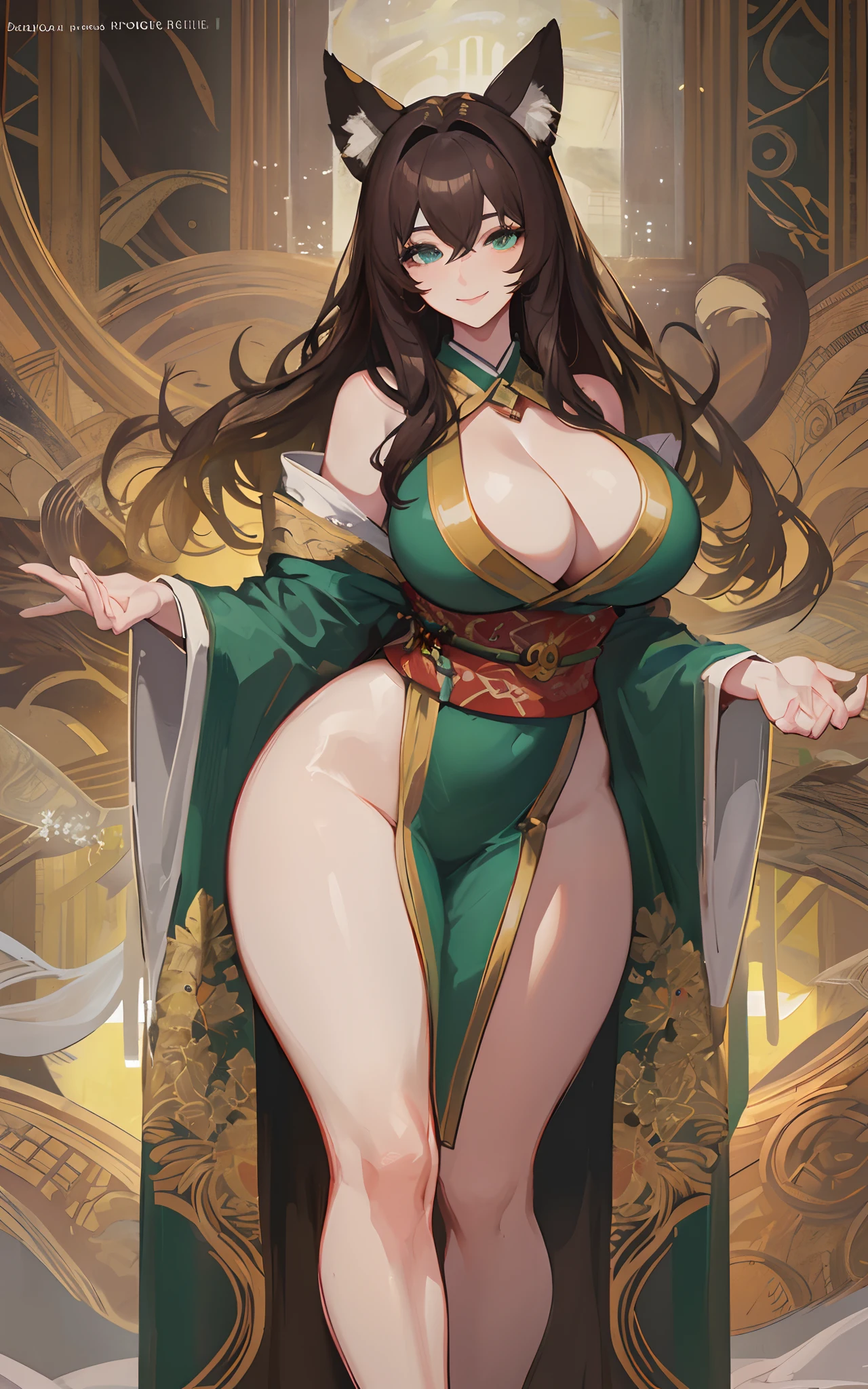 (Masterpiece: 1.5), (Best Quality: 1.5), Perfect Eyes, Perfect Face, Volumetric Lighting, 1 Woman, Mature Woman, (Whiteness: 5), Fox ears, Fox tail, green eyes, dark brown hair, massive breasts, massive cleavage, kimono, thick thighs, wide hips, sexy, bare foot, full body, seductive smiling,