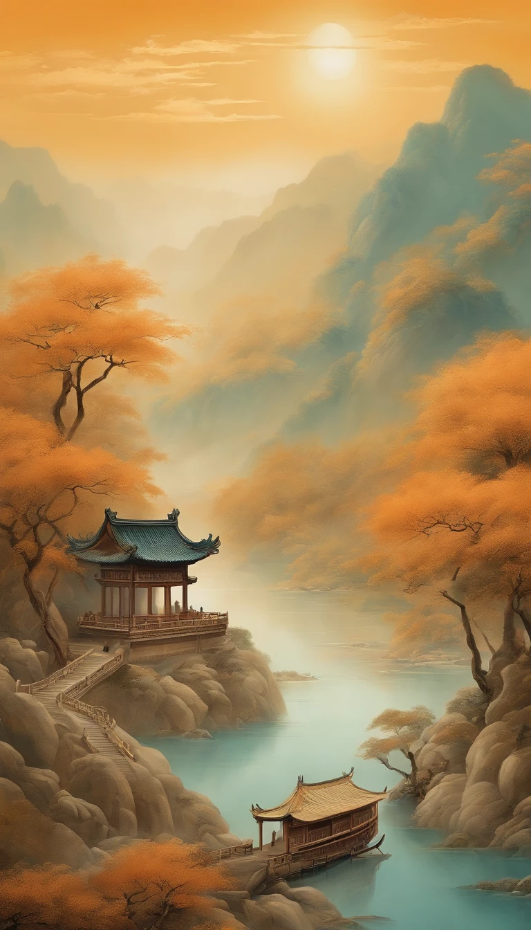 An idyllic Chinese mural, Light orange and light cyan style, Layered landscape, Art in the style of ancient Chinese ink painting, monumental murals, Ricoh FF-9D, Golden Age aesthetics, Exotic landscape