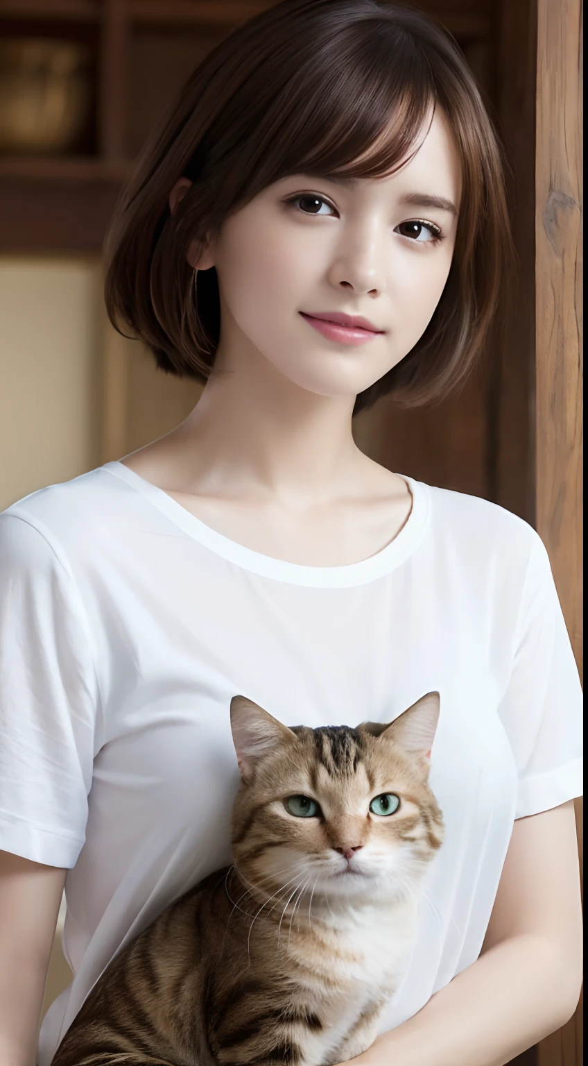 (A hyper-realistic), (hight resolution), (8K), (ighly detailed), (beatiful detailed eyes), (top-quality), (ultra-detailliert), (masterpiece), (A detailed face), softfocus、face of emma watson、Colossal tits、japanes、in a house、murky、Petting a cute cat、JINS、a black T-shirt、A smile