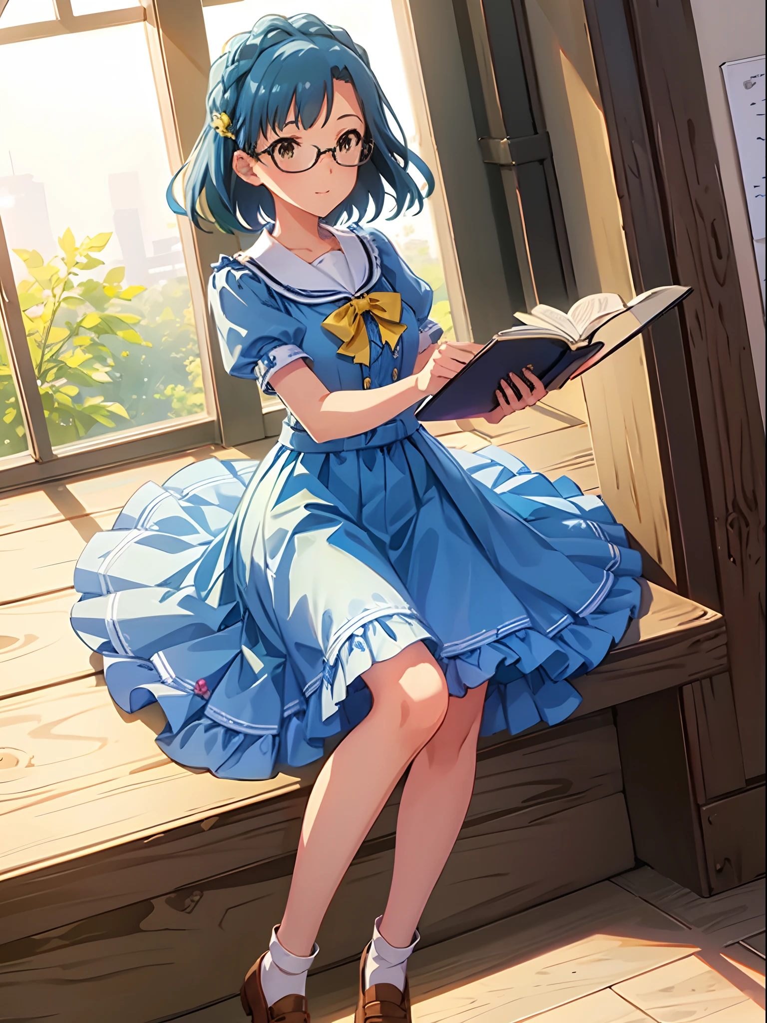 yuriko nanao (million live), 1 girl, Solo, Best Quality, masutepiece, 8K, High resolution, Ultra-detailed, lightsmile, Light blue dress, Sailor Color Dress, Short sleeves, Puffy sleeves, Yellow cardigan, White socks, Brown Footwear, lowfers, wearing glasses, holding books, In the school, hallway,