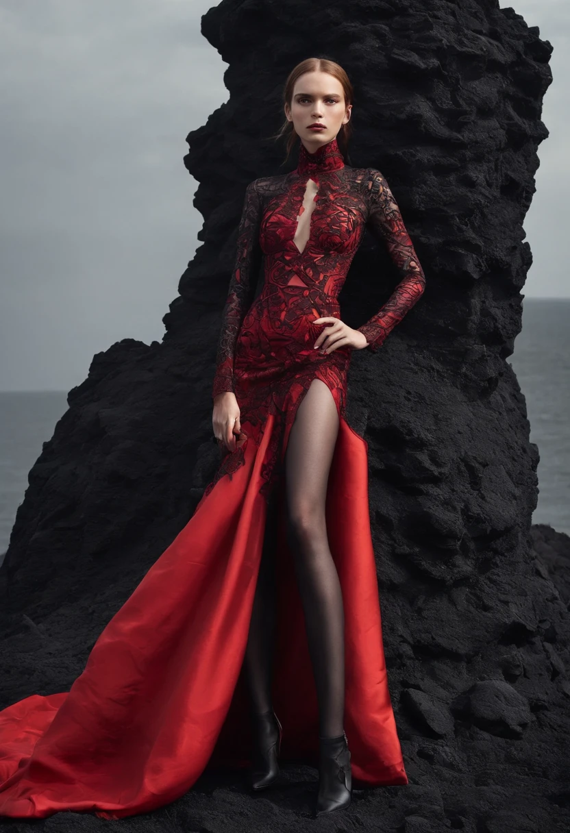 Arad woman in black and red dress,Stand in front of black volcanic stones, (The skirt blends perfectly with the fire:1.3), (The hem of the skirt blends perfectly with the firelight),Inspired by Anne Leibovitz, Red and black color, (with fires and black smoke), body with black and red lava, author:annie lebovetz, alexander mcqueen haute couture