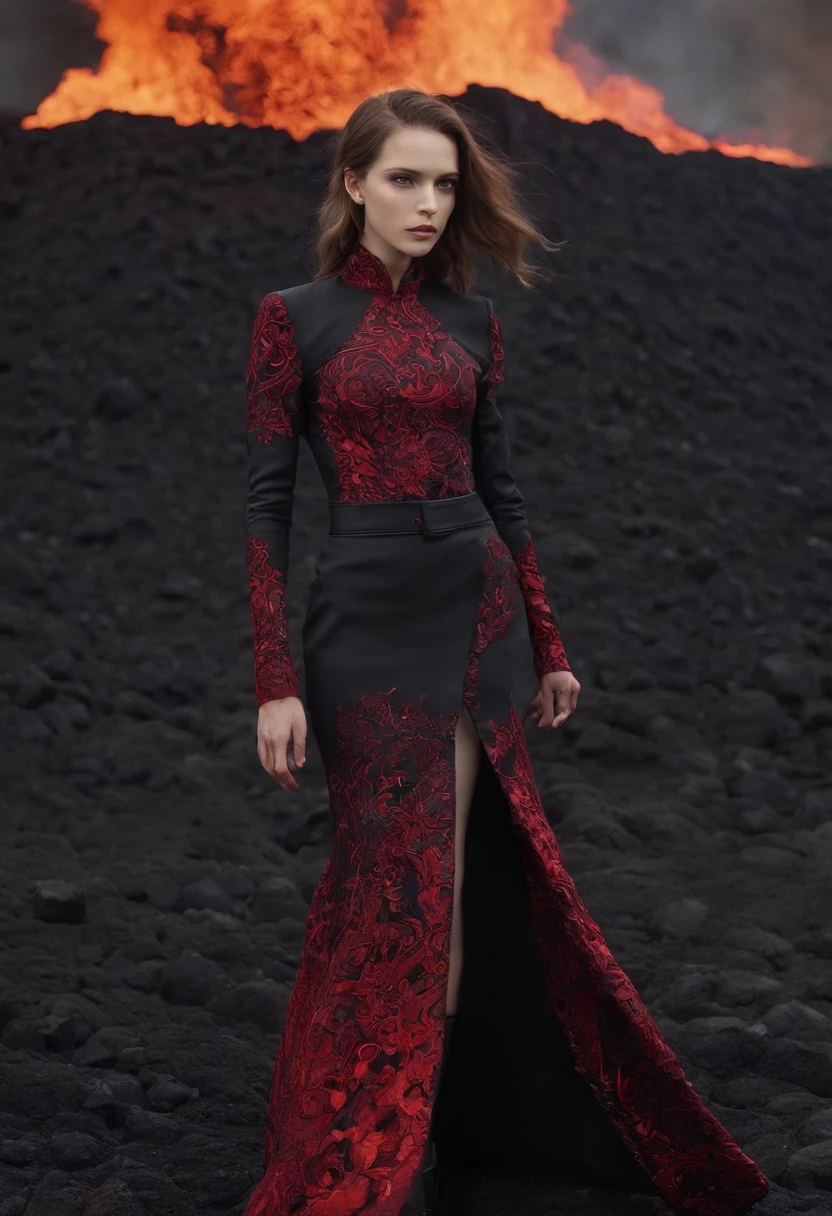 Arad woman in black and red dress，Stand in front of black volcanic stones, （The skirt blends perfectly with the fire：1.3）, （The hem of the skirt blends perfectly with the firelight），Inspired by Anne Leibovitz, Red and black color, （with fires and black smoke）, body with black and red lava, author：annie lebovetz, alexander mcqueen haute couture