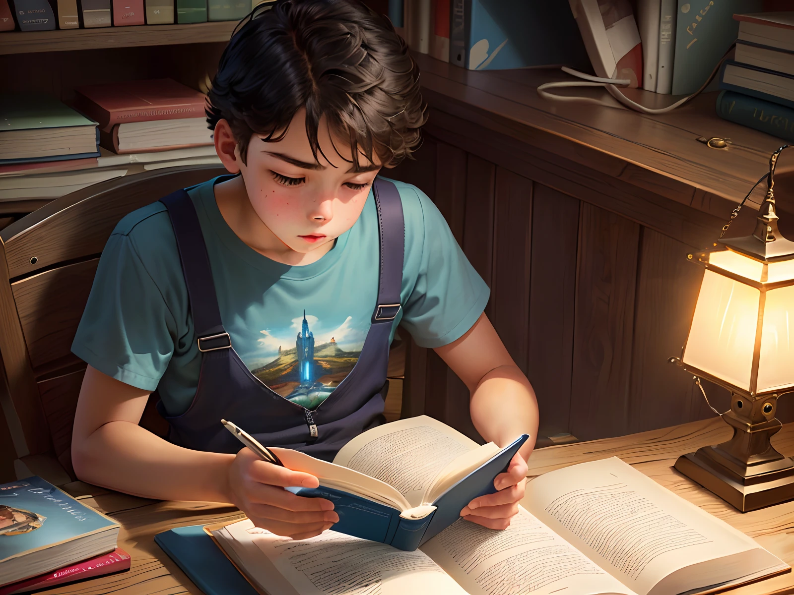 Boy reading an action book where the book appears a great light