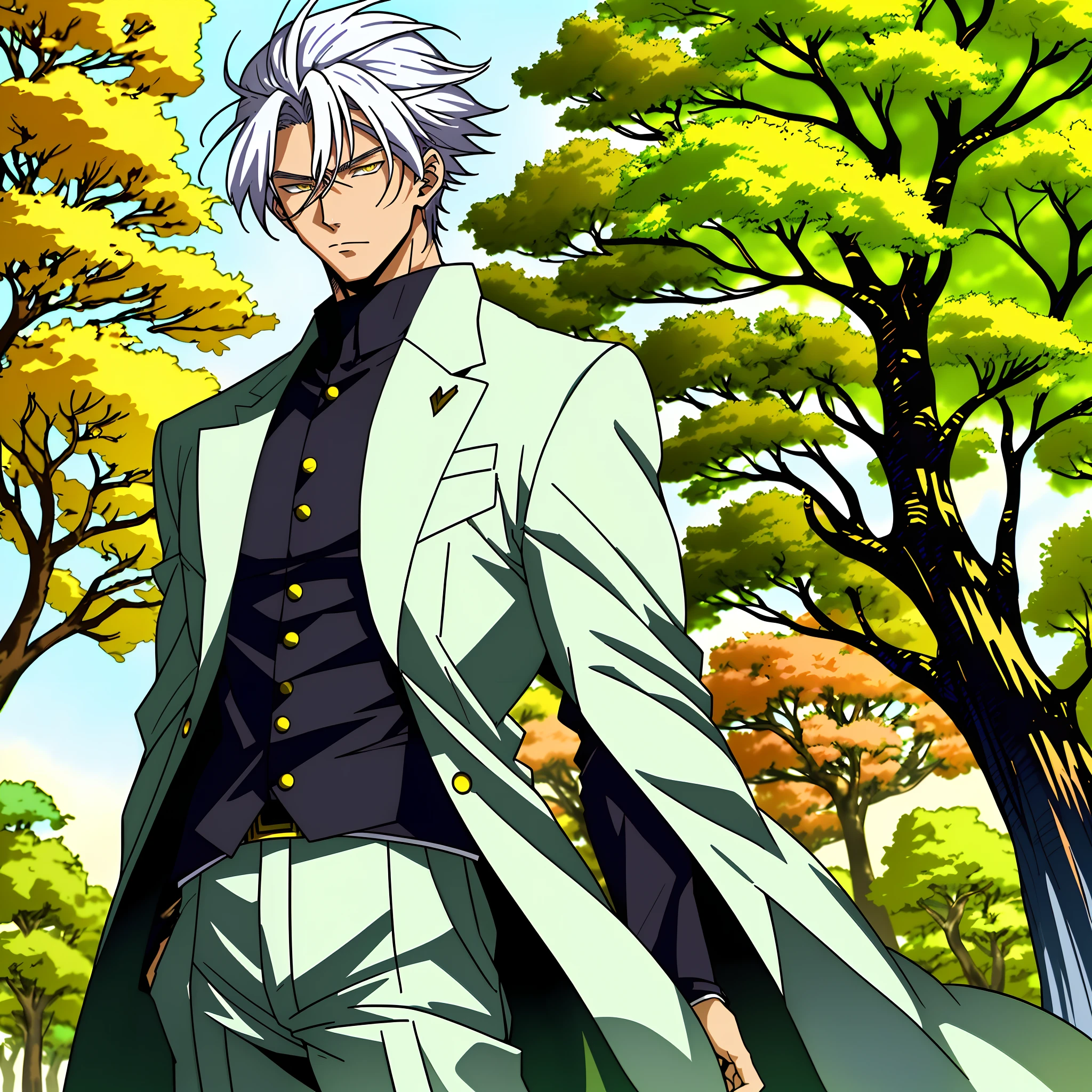 Anime character with white hair and yellow eyes standing in front of a green tree，white  clothes，Anime portrait of a handsome man, Tall anime man with yellow eyes, Anime handsome man, silber hair, handsome guy in demon killer art, offcial art