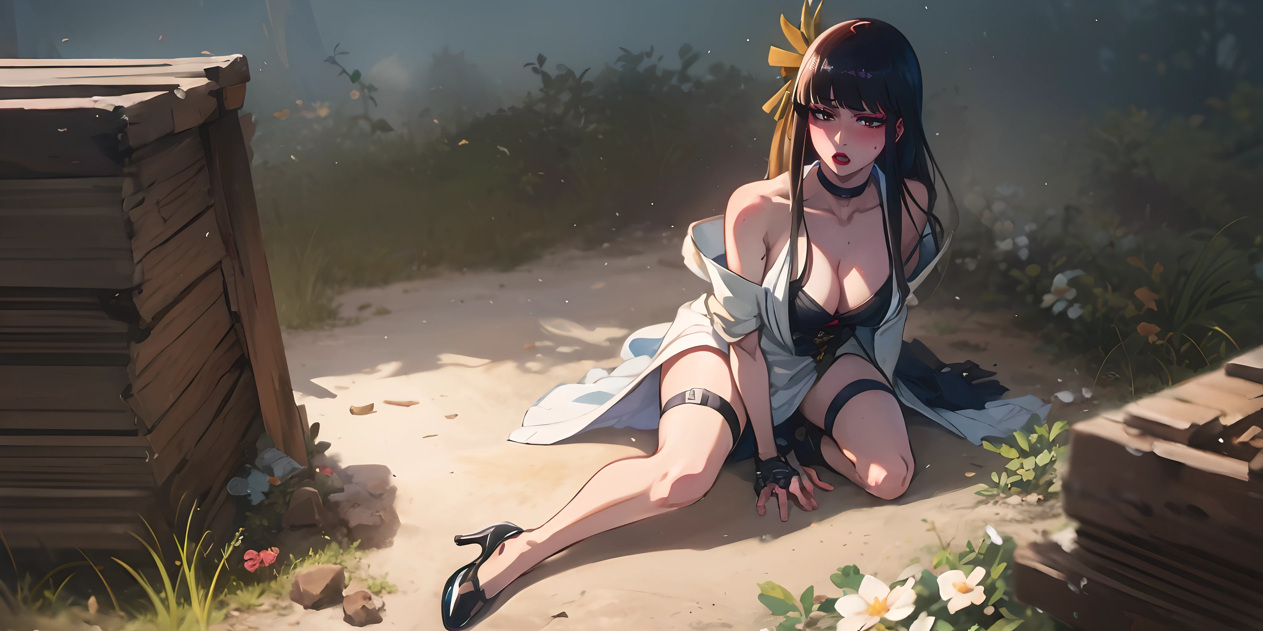 senjumaru shutara, (long hair, bangs, blunt bangs, black hair, sidelocks:1.5), (black eyes:1.5), makeup, lipstick, red lipstick, sweating, glowing eyes, heavy breathing, female focus, 1girl, breasts, thigh_strap, solo, sitting, cleavage, flower, looking_at_viewer, bare_shoulders, arm_strap, strapless, large_breasts, bdsm, gloves, blush, black_footwear, high_heels, sidelocks, bare_legs, thighs, black_gloves, outdoors, dress, bound, "glow effects, godrays, Hand drawn, render, 8k, octane render, cinema 4d, blender, dark, atmospheric 4k ultra detailed, cinematic, Sharp focus, big depth of field, Masterpiece, colors, 3d octane render, 4k, concept art, trending on artstation, hyperrealistic, Vivid colors, extremely detailed CG unity 8k wallpaper, trending on CGSociety, Intricate, High Detail, dramatic", anime coloring, anime screencap, sweating, steaming body, fog
