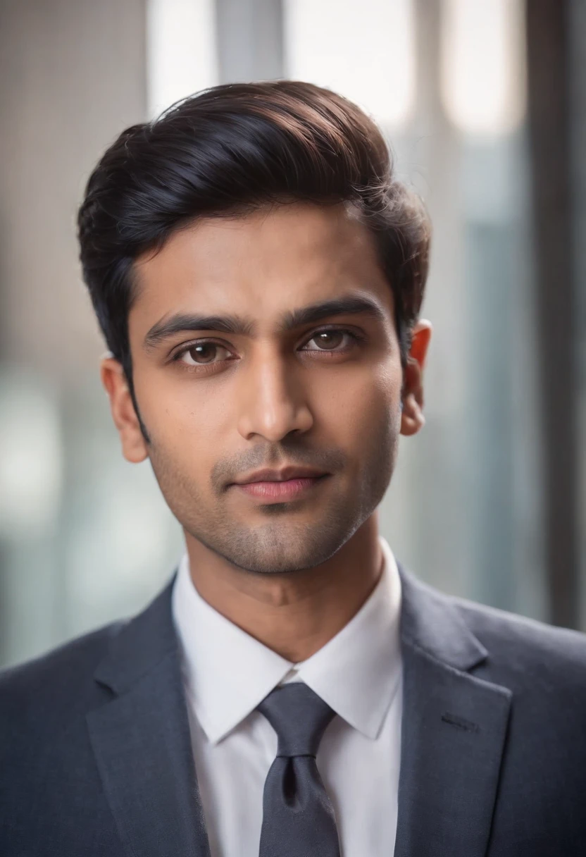 30 year old Indian man with short black hair in a business suit, shaved, portrait, looking directly at the camera, headshot, professional photo, corporate portrait, professional profile picture, headshot photograph